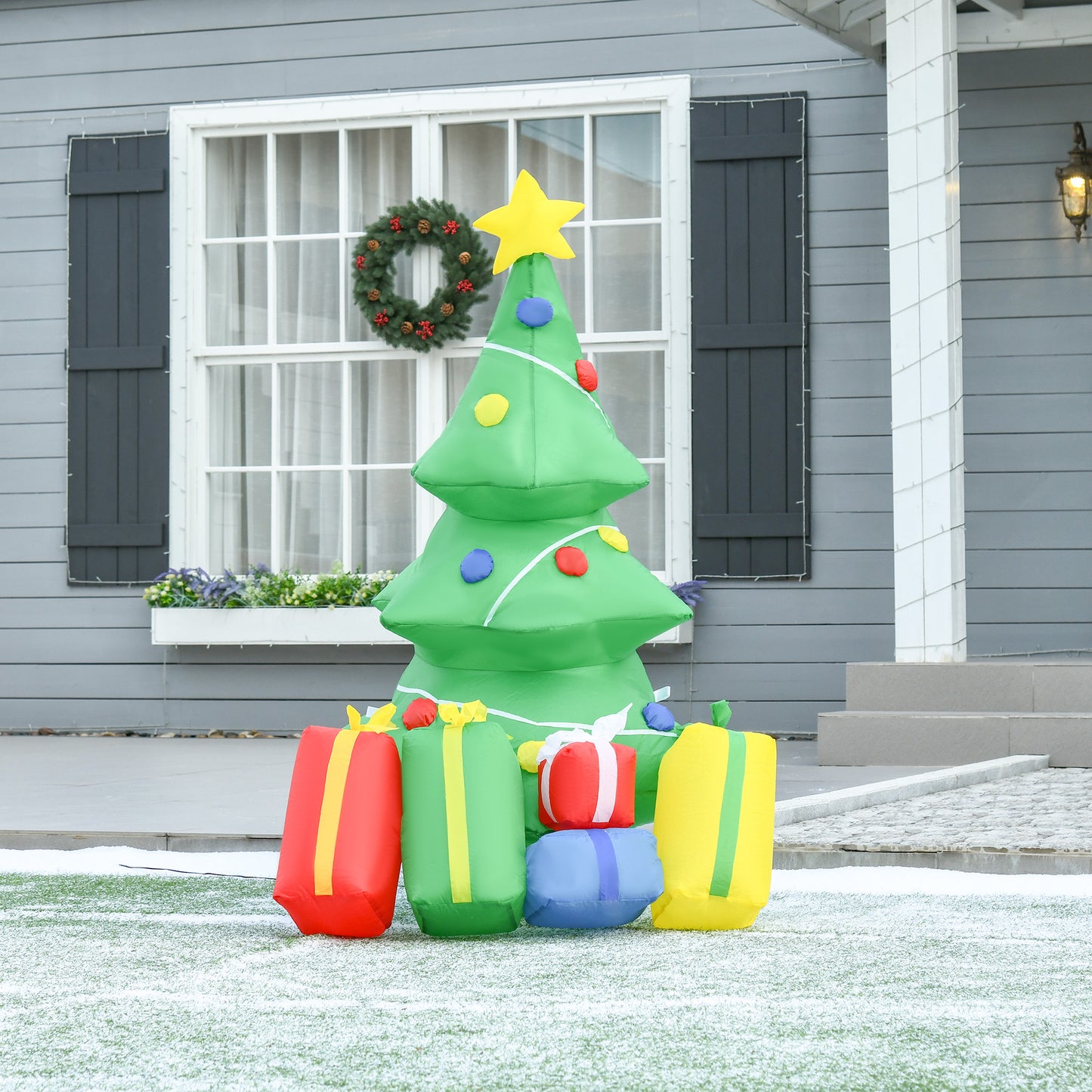 HOMCOM Árbol de Navidad Inflable 1.5m Árbol Decorativo Navideño con Adornos Regalos con luz LED Decoración Navidad con Hinchador 65x75x150 cm Verde