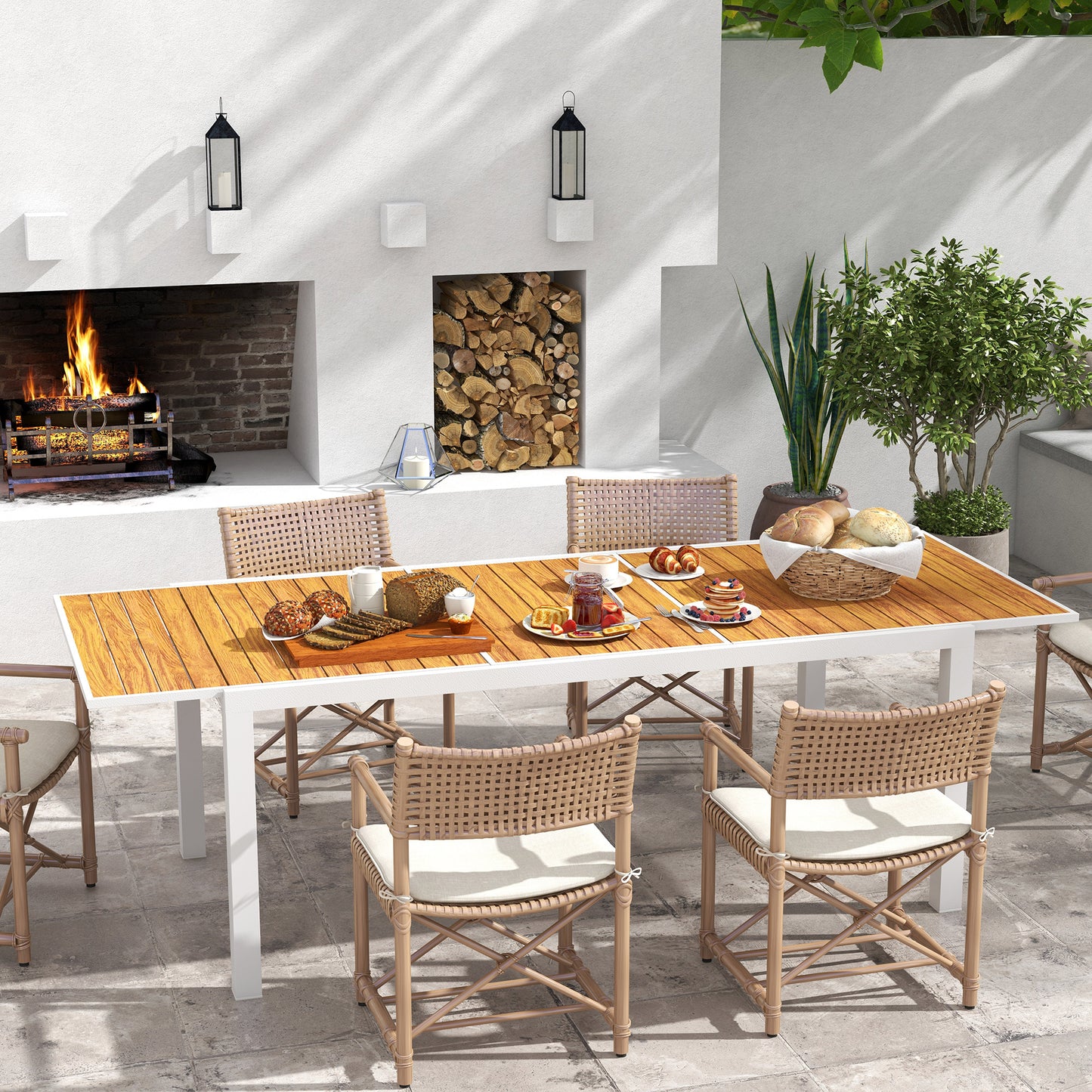 Outsunny Mesa de Jardín Extensible de Aluminio Mesa de Comedor Exterior Rectangular Mesa de Terraza para 6 Personas Efecto de Madera Carga 50 kg 180/240x94x73 cm Marrón