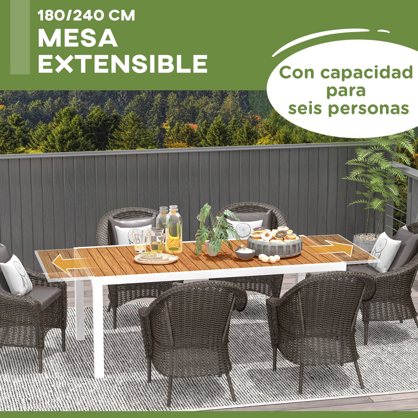 Outsunny Mesa de Jardín Extensible de Aluminio Mesa de Comedor Exterior Rectangular Mesa de Terraza para 6 Personas Efecto de Madera Carga 50 kg 180/240x94x73 cm Marrón