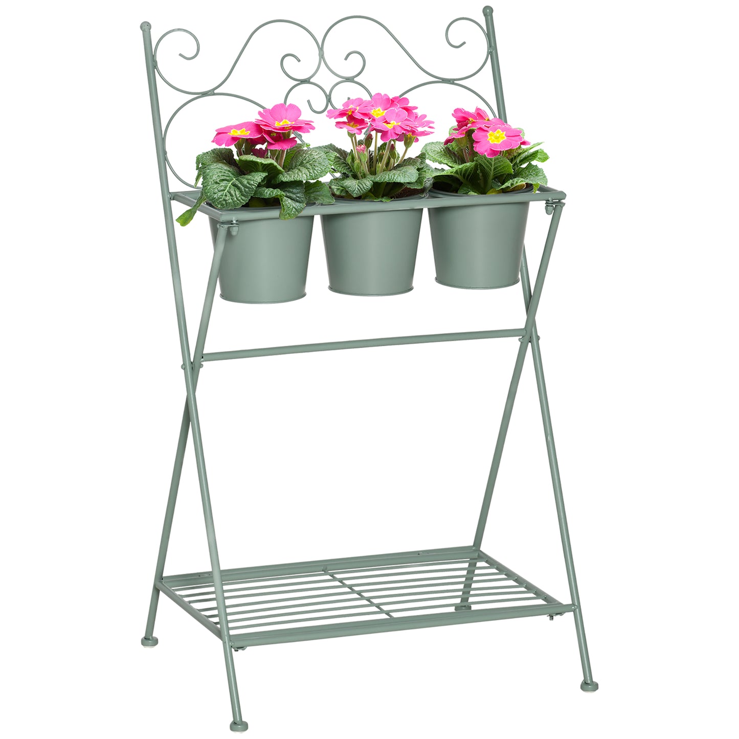 Outsunny Soporte de Metal para Plantas Plegable con 3 Macetas Incluidas y Estante Inferior Porta Macetero Decorativo de Flores para Interiores y Exteriores 47x37x78,5 cm Verde