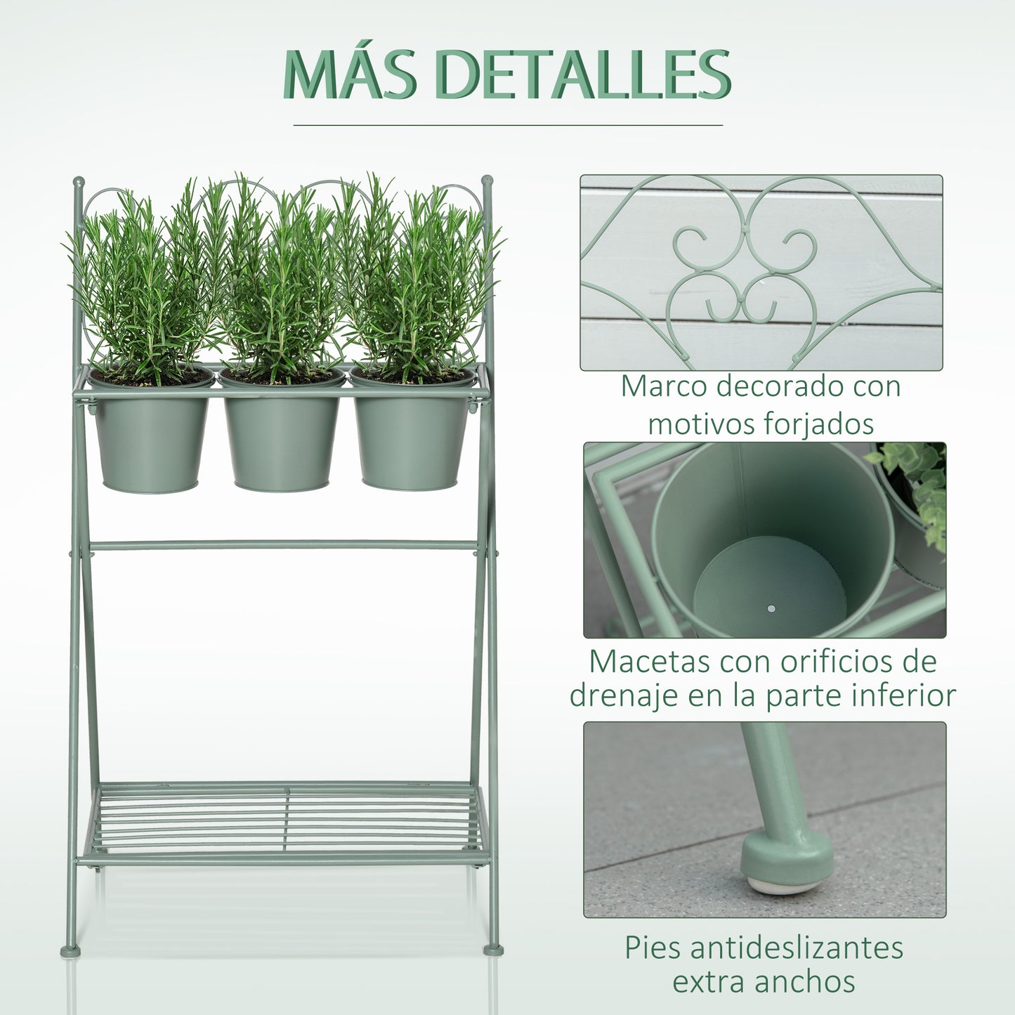 Outsunny Soporte de Metal para Plantas Plegable con 3 Macetas Incluidas y Estante Inferior Porta Macetero Decorativo de Flores para Interiores y Exteriores 47x37x78,5 cm Verde