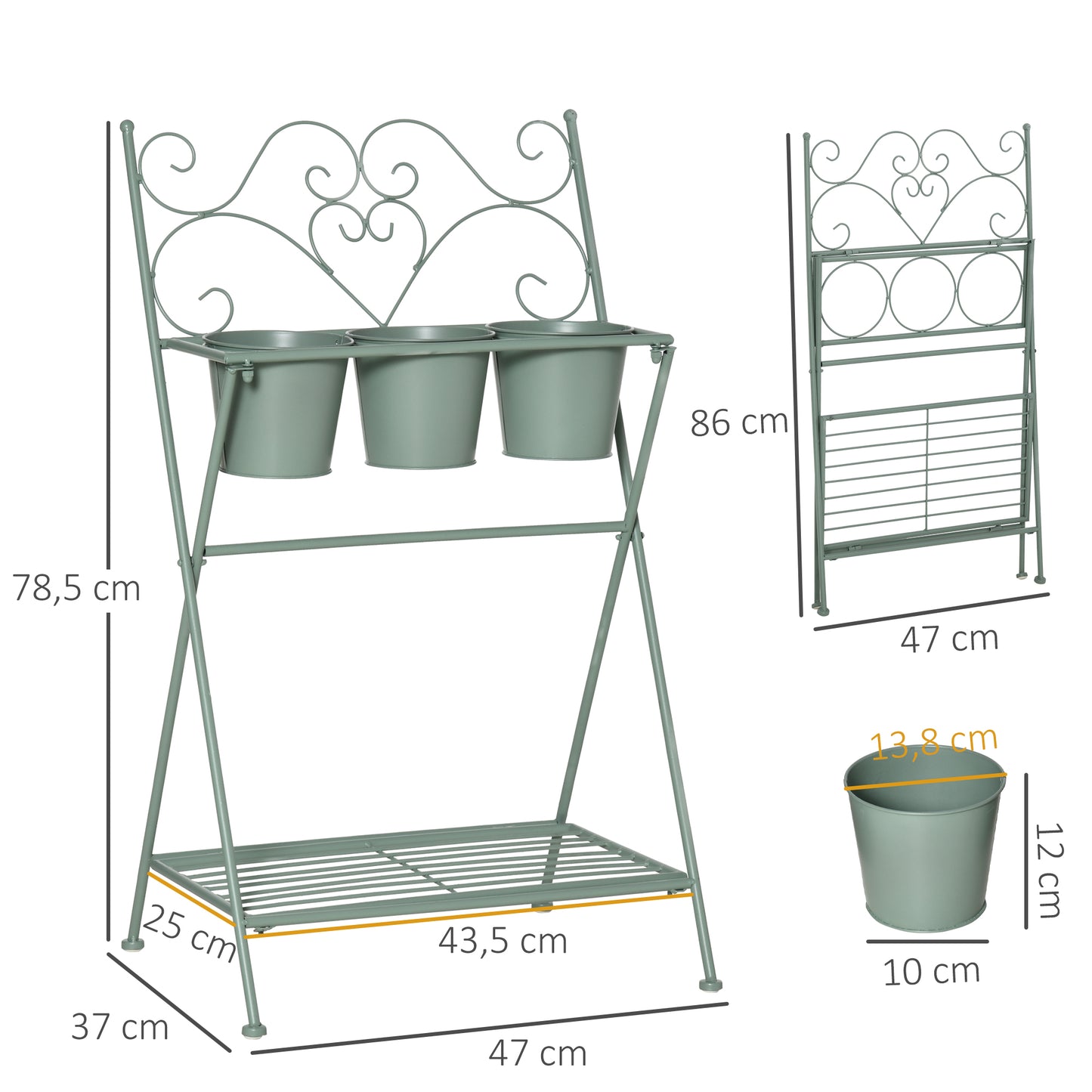 Outsunny Soporte de Metal para Plantas Plegable con 3 Macetas Incluidas y Estante Inferior Porta Macetero Decorativo de Flores para Interiores y Exteriores 47x37x78,5 cm Verde