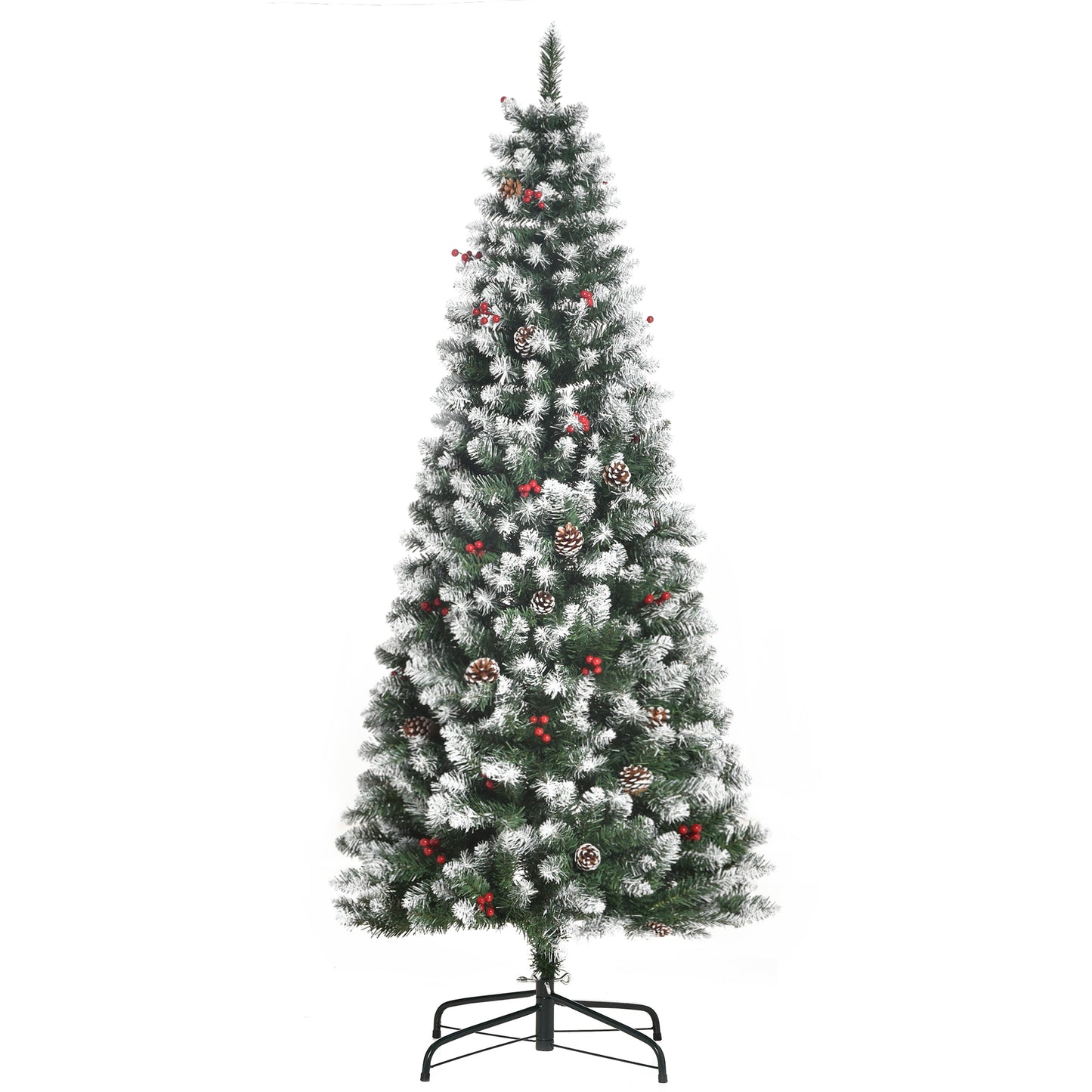 HOMCOM Árbol de Navidad Artificial Plegable 180 cm con Nieve Ignífugo con 618 Ramas 30 Bayas 34 Piñas Hojas de PVC Apertura Automática y Soporte Metálico Decoración Navideña para Interior Verde