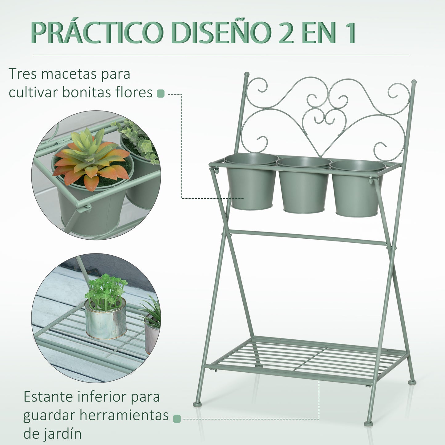 Outsunny Soporte de Metal para Plantas Plegable con 3 Macetas Incluidas y Estante Inferior Porta Macetero Decorativo de Flores para Interiores y Exteriores 47x37x78,5 cm Verde