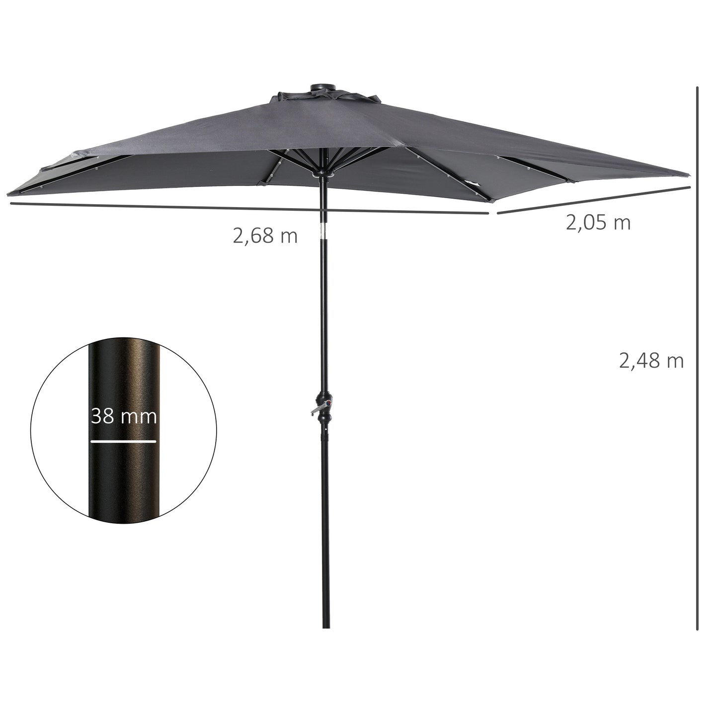 Outsunny Sombrilla de Jardín 268x205x248 cm Parasol de Terraza con Techo Inclinable hasta 45° Luces LED Solares e Impermeable para Patio Balcón Gris Oscuro