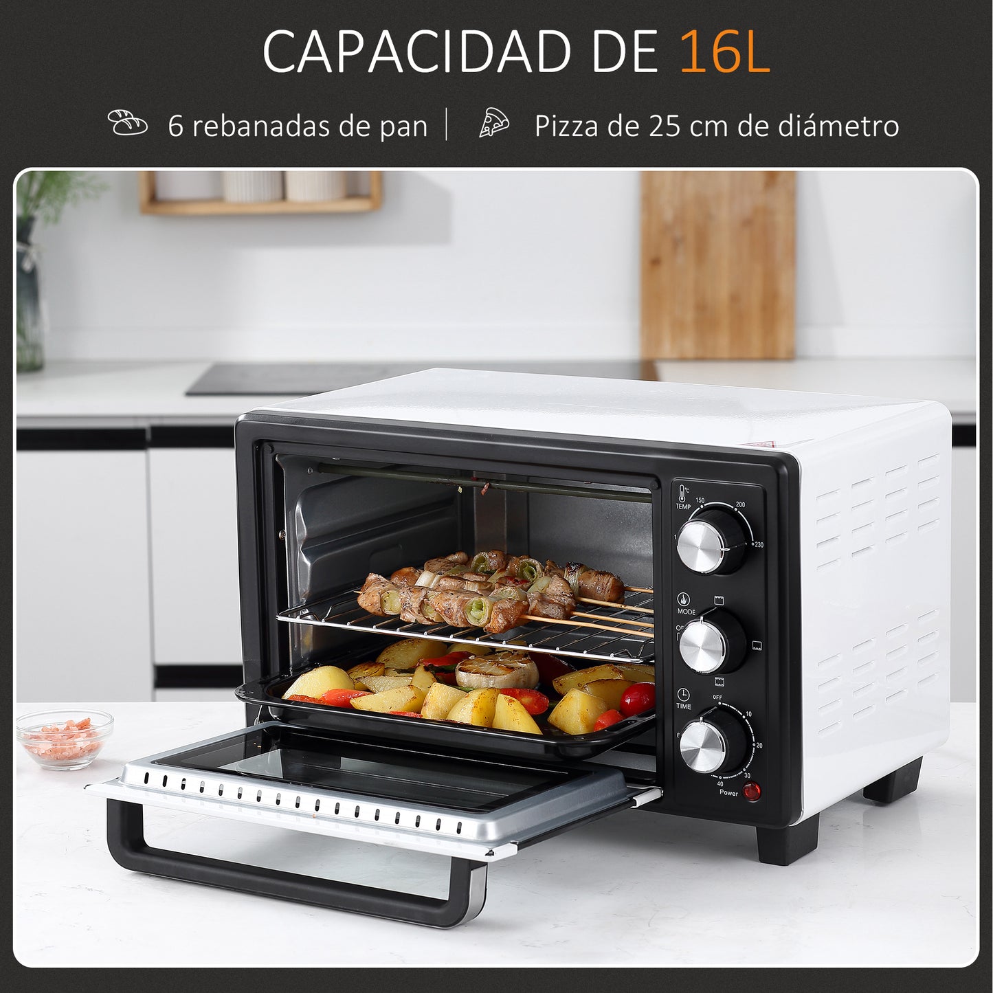 HOMCOM Horno Eléctrico de Sobremesa 16L 1400W Horno Portátil Mini Horno con 3 Modos de Calor Temperatura hasta 230 ℃ Temporizador Bandeja de Horneado y Rejilla 44x32x28,1 cm Blanco y Negro