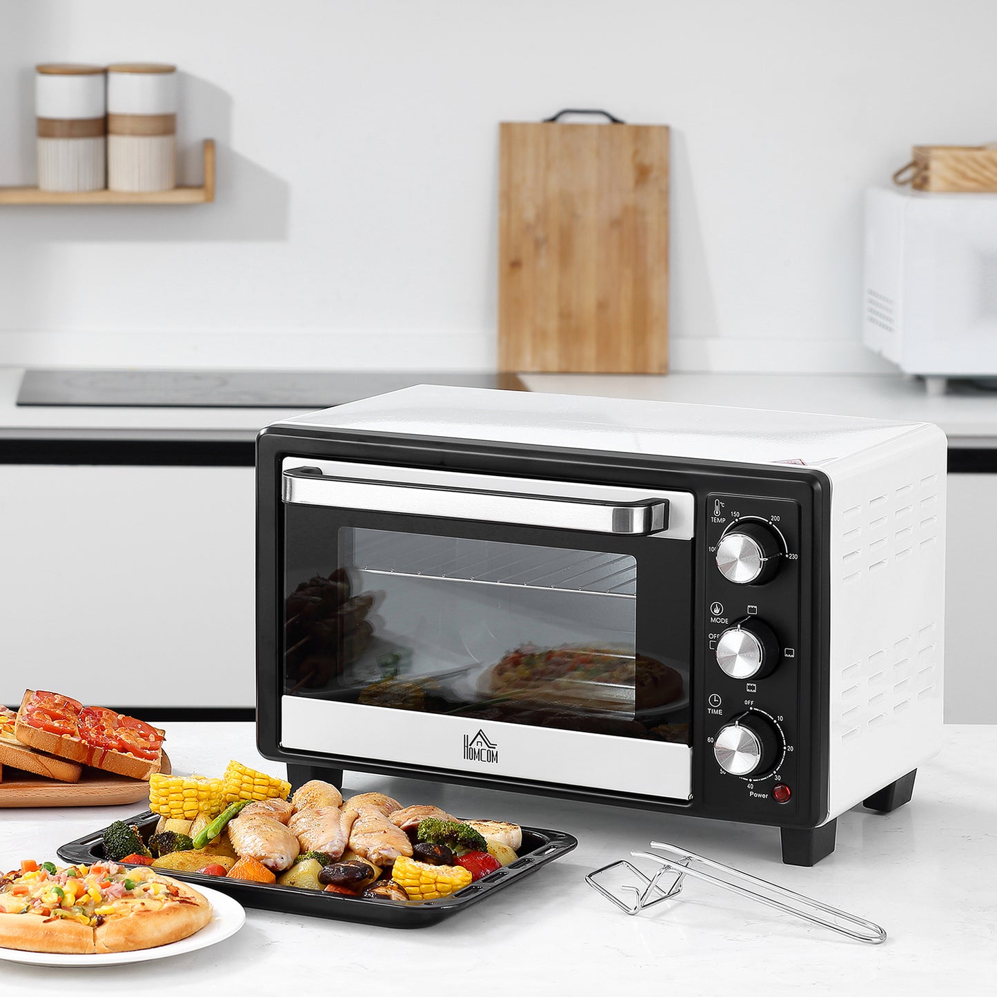 HOMCOM Horno Eléctrico de Sobremesa 16L 1400W Horno Portátil Mini Horno con 3 Modos de Calor Temperatura hasta 230 ℃ Temporizador Bandeja de Horneado y Rejilla 44x32x28,1 cm Blanco y Negro