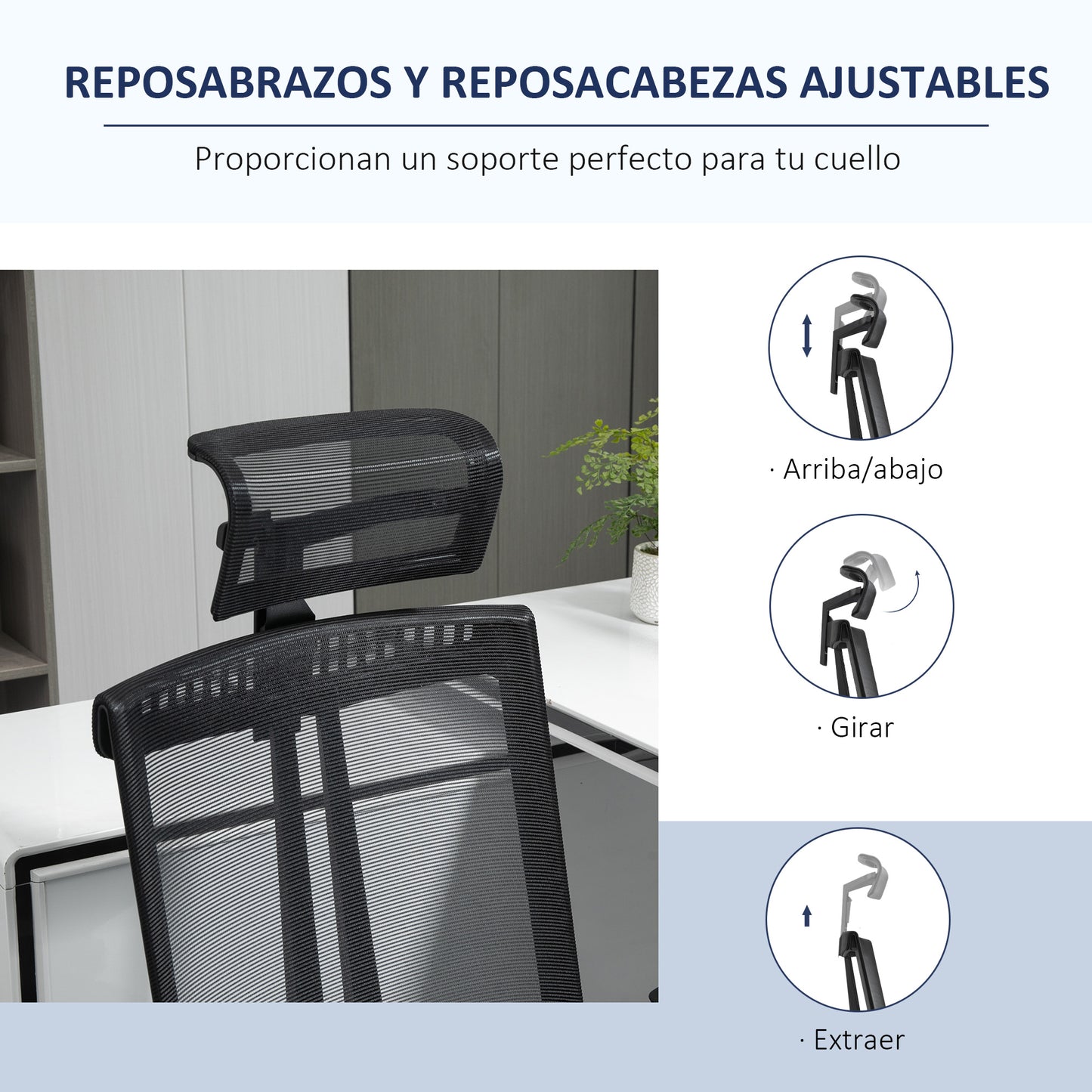 Vinsetto Silla de Malla Silla Escritorio Giratoria y Reclinable con Altura Ajustable Reposabrazos Reposacabezas y Soporte Lumbar Regulable 66,5x66x109-118 cm Negro