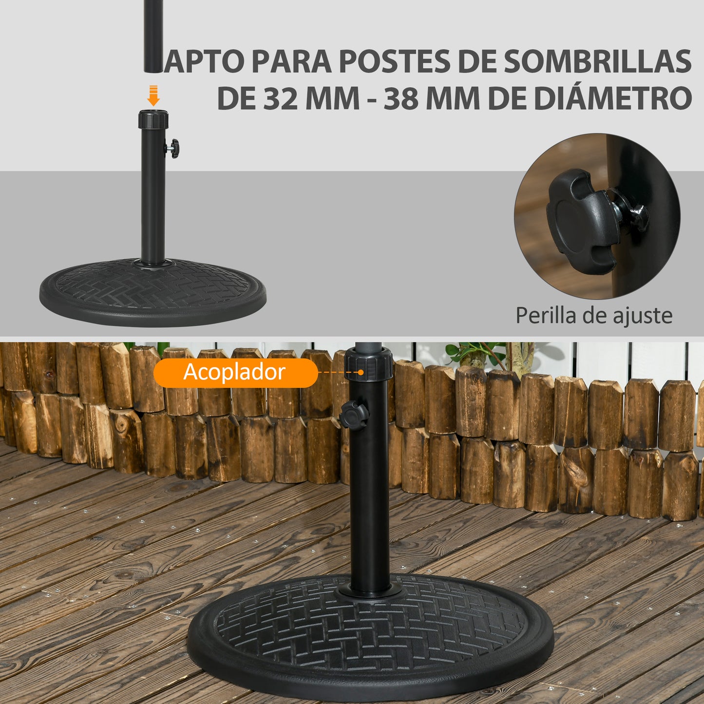 Outsunny Base de Sombrilla de Hormigón Soporte para Parasol de 14 kg Pie de Parasol para Mástil de Ø32-38 mm para Jardín Terraza Patio Ø46x34 cm Negro