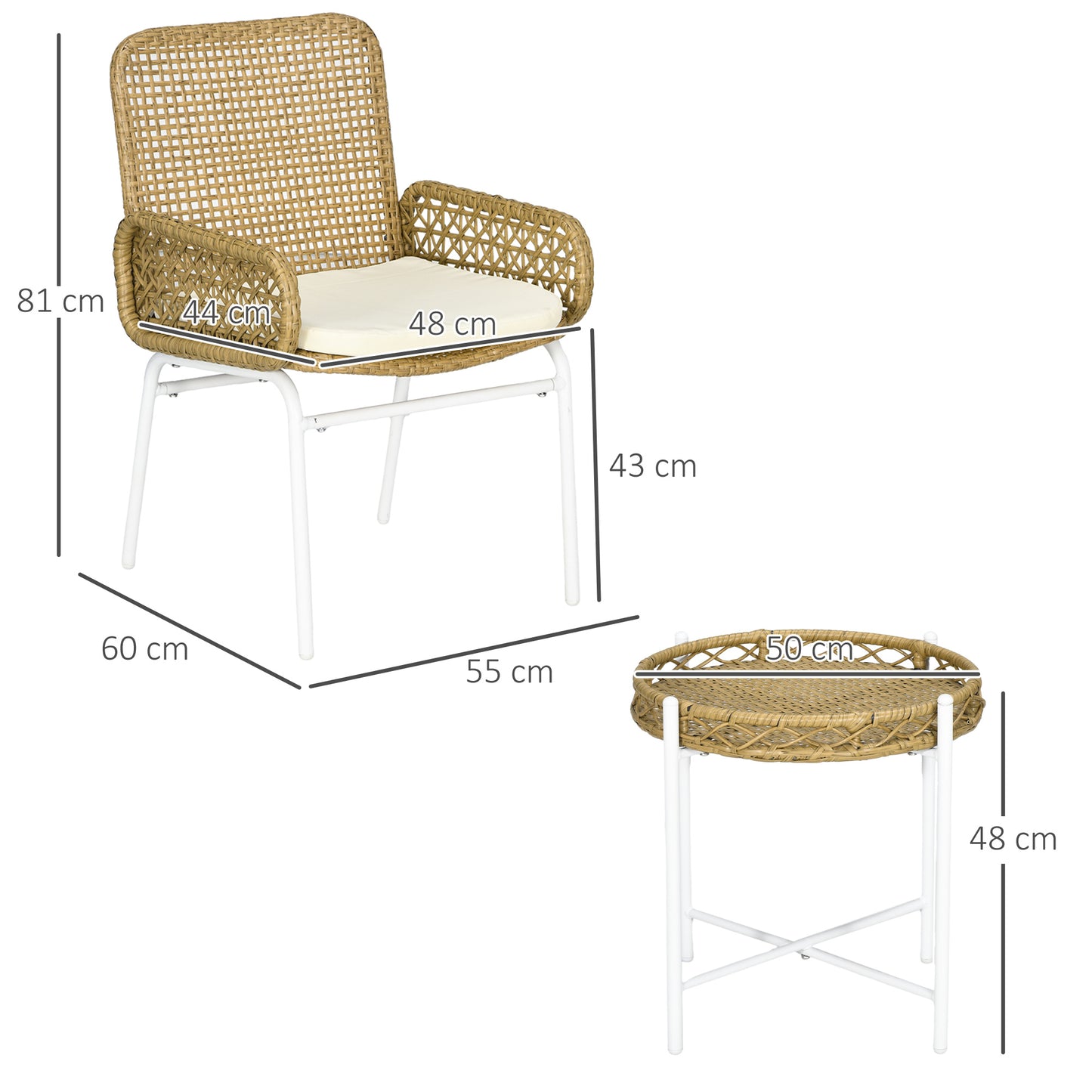 Outsunny Conjunto de Muebles de Jardín Juego de 3 Piezas Sillas y Mesa de Ratán con 2 Sillas 1 Mesa de Centro y Cojines para Terraza Patio Natural