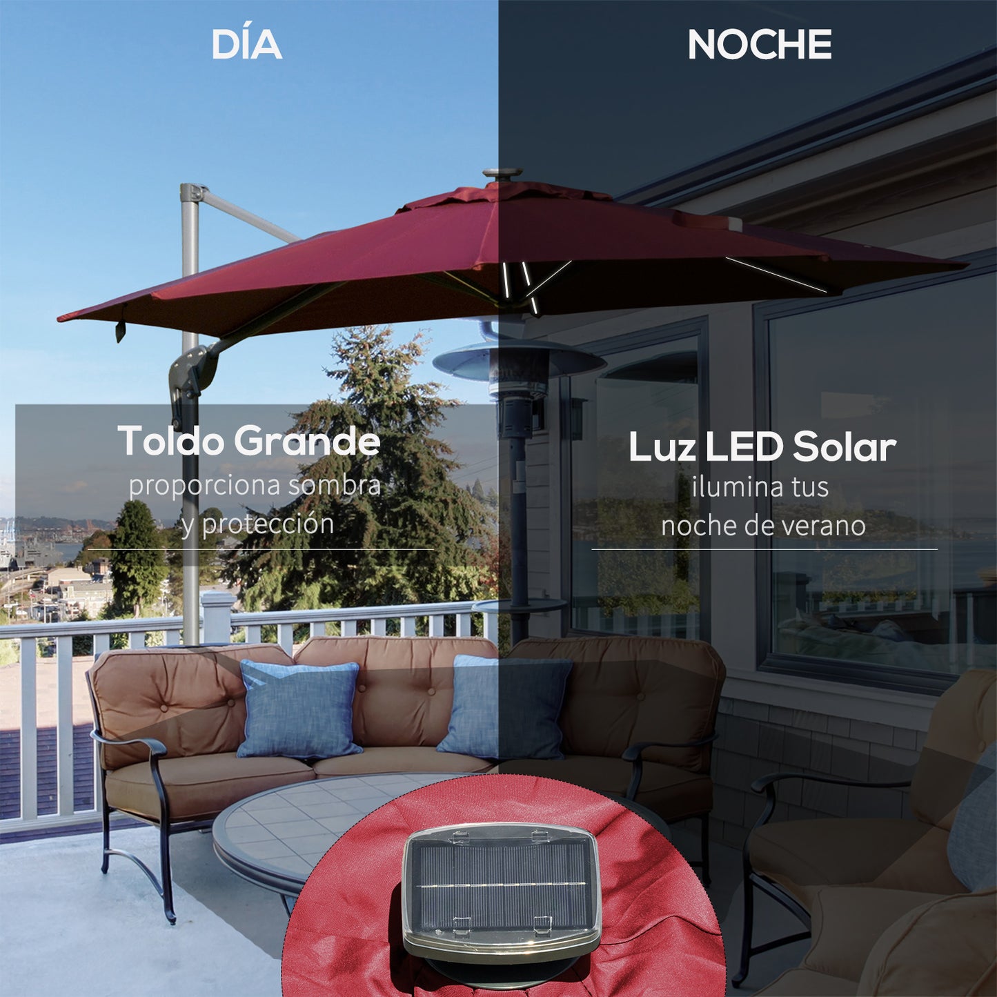 Outsunny Sombrilla de Jardín Ø3 m Sombrilla de Terraza de Aluminio con Luces LED Panel Solar Techo Reclinable Protección UV 50+ Giratorio 360° Manivela Base Cruzada Rojo