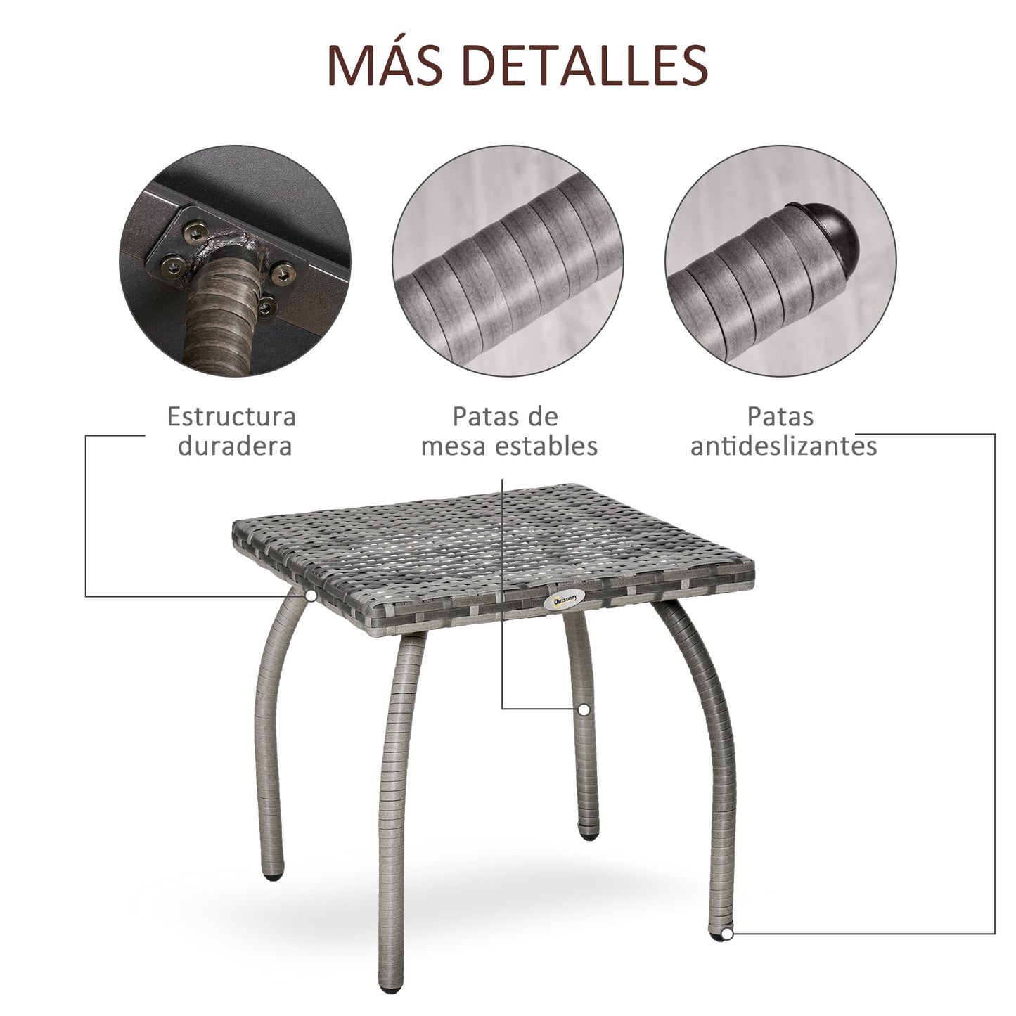 Outsunny Mesa de Jardín de Ratán Mesita Auxiliar con Patas de Metal Carga 30 kg Mesa de Exterior para Patio Terraza Balcón 45x45x44 cm Gris