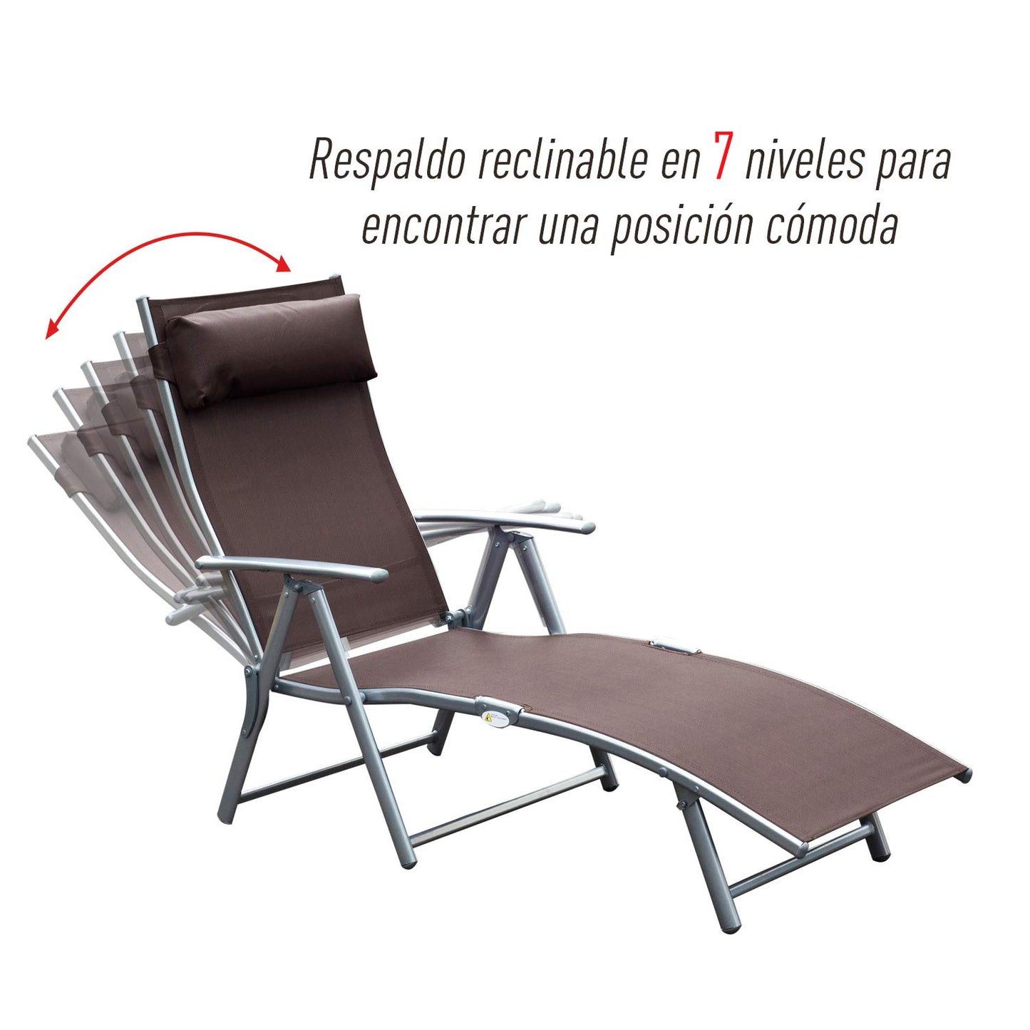 Outsunny Tumbona Plegable Tumbona de Jardín con Respaldo Ajustable en 7 Niveles Almohada y Reposabrazos Carga 165 kg para Piscina Terraza Camping 137x63,5x100,5 cm Marrón