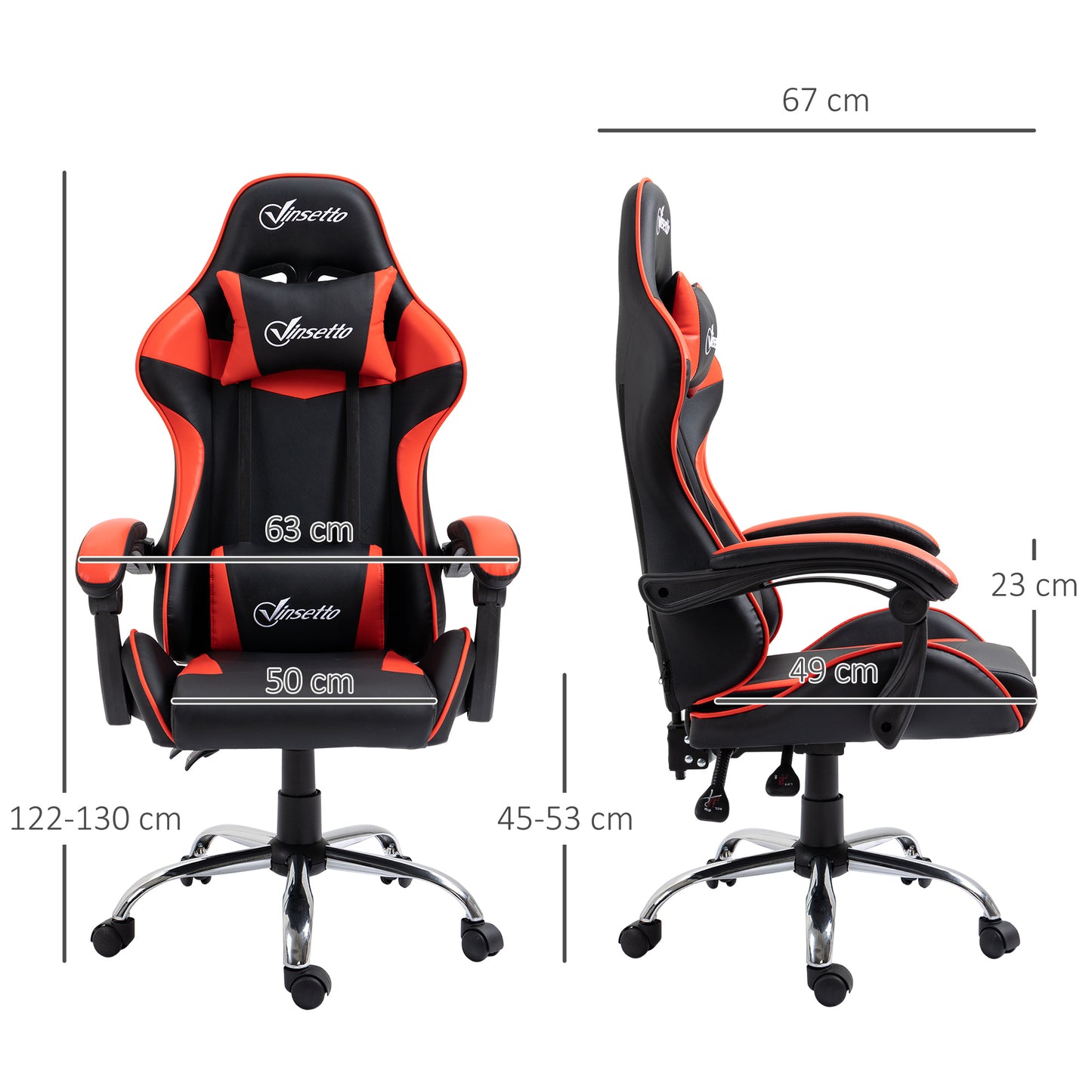 Vinsetto Silla Gaming Silla Racing Giratoria con Altura Ajustable Reclinable de 135° Reposacabezas y Cojín Lumbar para Oficina Estudio 63x67x122-130 cm Rojo