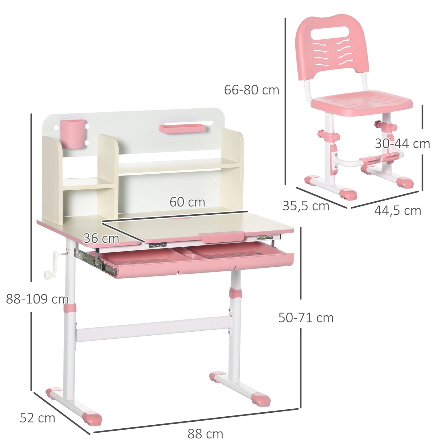 HOMCOM Juego de Escritorio y Silla para Niños de +3 Años con Altura Ajustable Pupitre Infantil con Tablero de Mesa Inclinable Cajón y Estantería para libros 80x52x88-109 cm y 35,5x44,5x66-80 cm Rosa