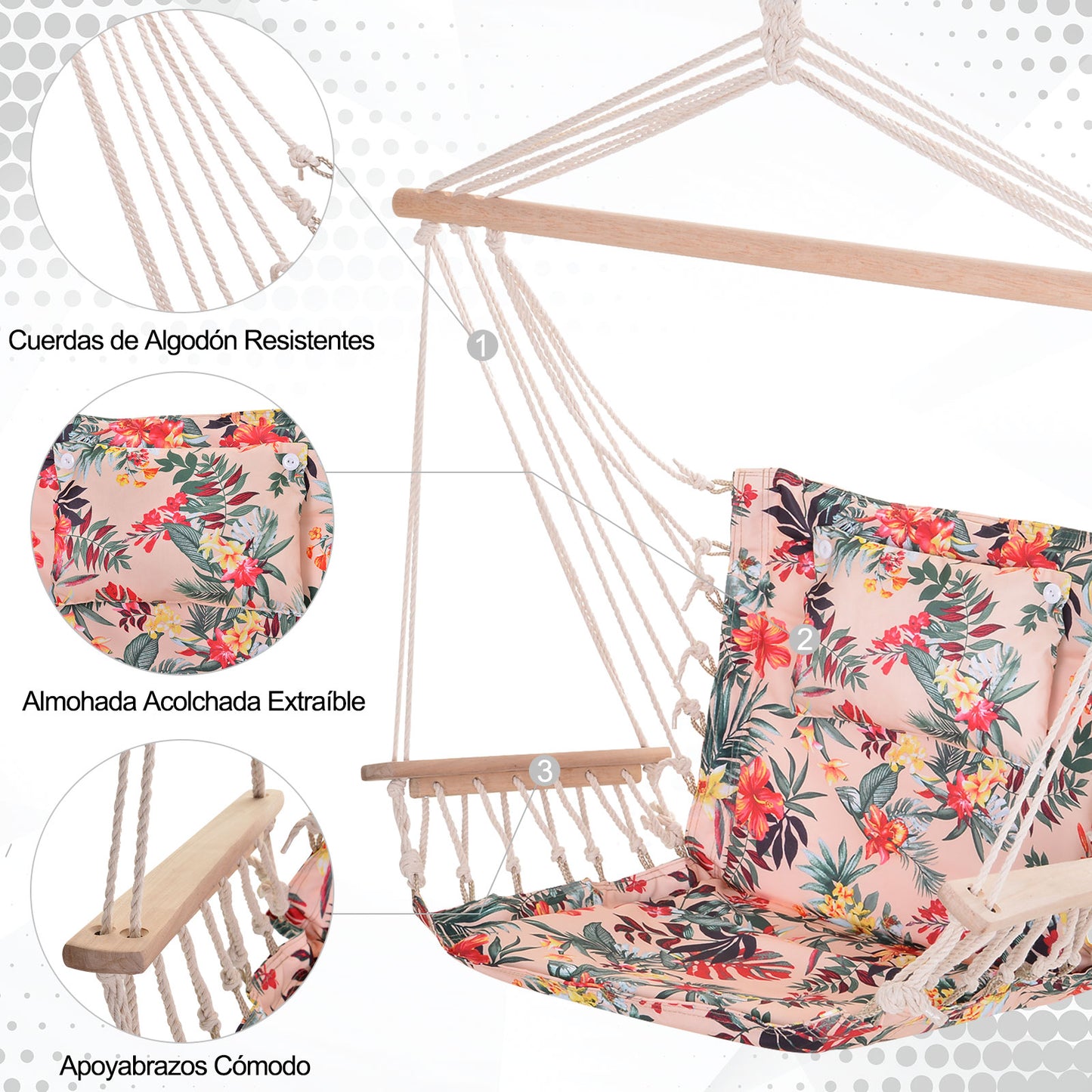 Outsunny Silla Colgante Estampado Floral Hamaca con Cojín Reposacabezas para Interior Exterior 100x106 cm Carga Máx. 100 kg