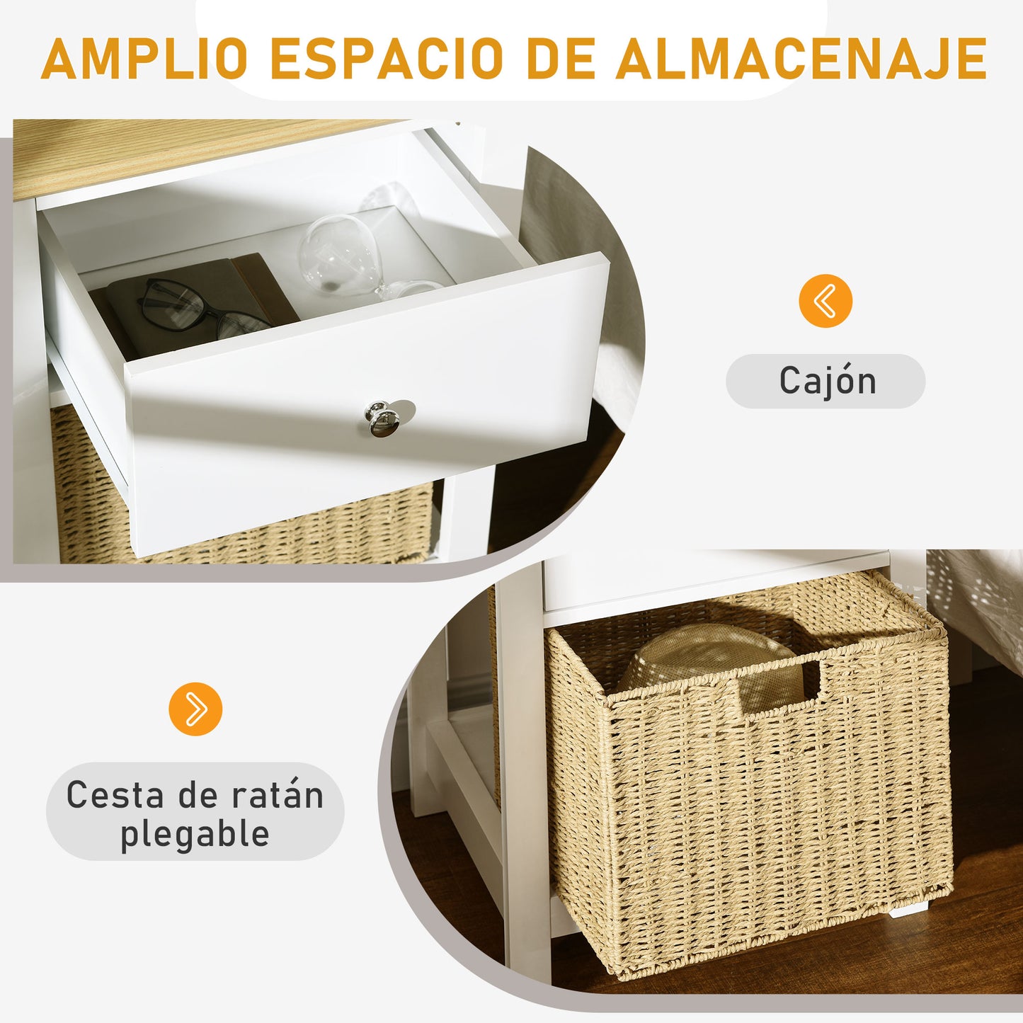 HOMCOM Mesita de Noche Moderno Mesilla de Noche con Cajón de Almacenamiento y Cesta de Ratán Plegable para Salón Dormitorio 49x39x64 cm Blanco y Natural