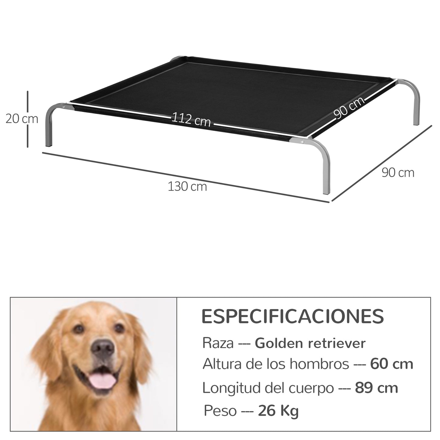 PawHut Cama Elevada para Perros Gatos Transpirable Cama Mascotas 130x90x20 cm para Dormir Relajar con Marco de Acero para Interiores Exterior Negro