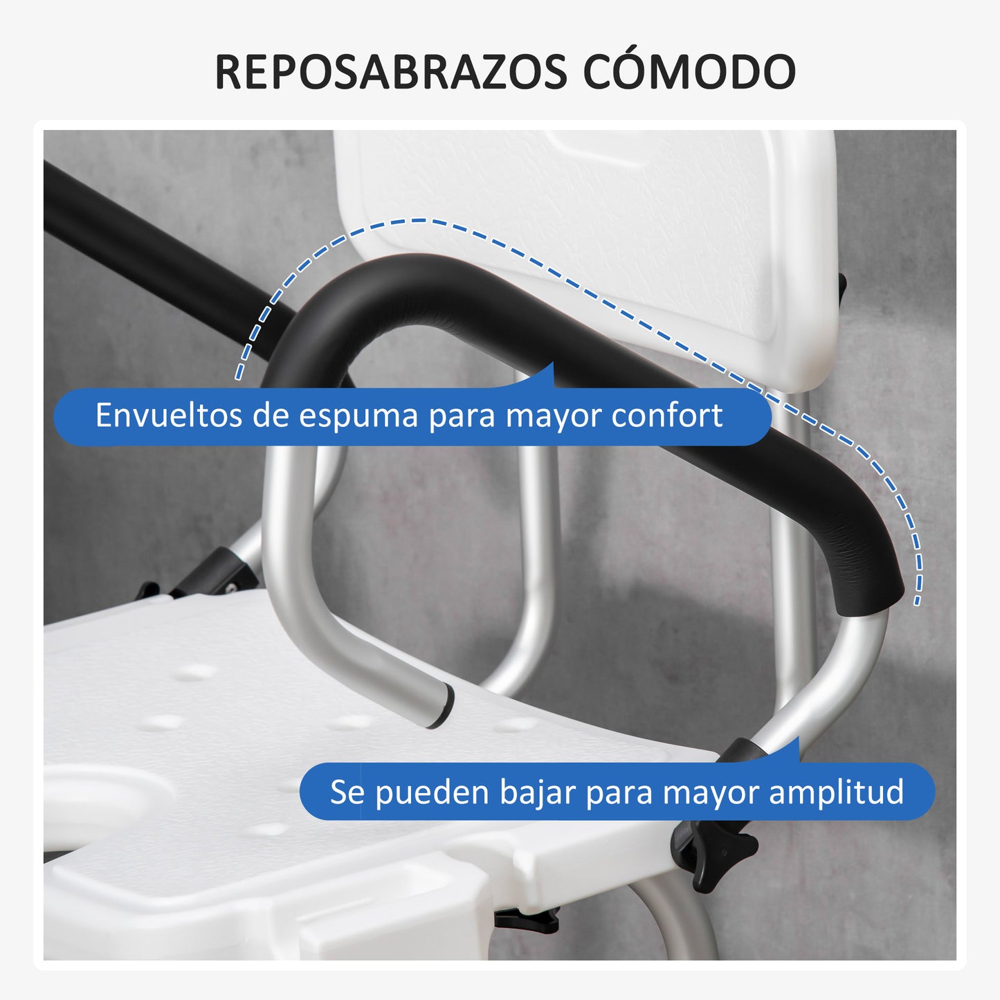 HOMCOM Silla Ducha Personas Mayores Silla para Ducha Taburete de Ducha Antideslizante con Altura Ajustable y Apoyabrazos Regulable Carga 136 kg