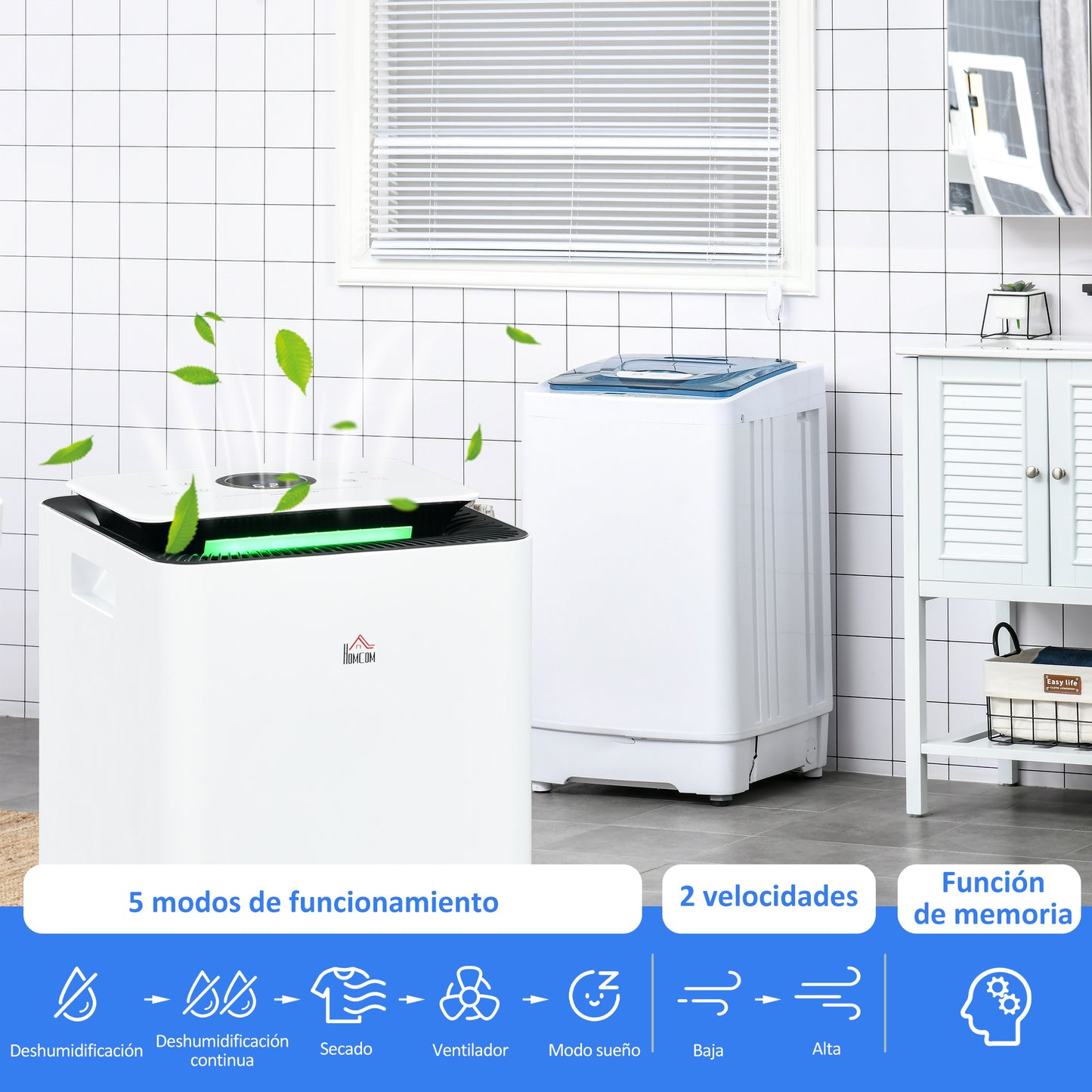 HOMCOM Deshumidificador Eléctrico 10L/día Depósito de Agua 2,5L Deshumidificador Silencioso hasta 10-20m² con 5 Modos 2 Velocidades Pantalla LED Temporizador para Dormitorio Salón Blanco