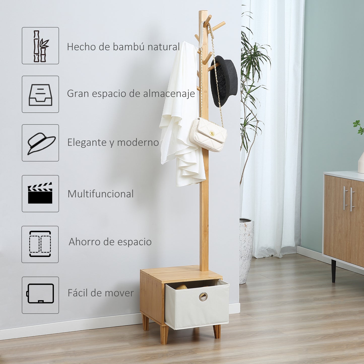 HOMCOM Perchero de Pie de Bambú Perchero con Banco Tipo de Árbol Cajón de Tela y 8 Ganchos para Colgar Ropa Bolsas Bombreros para Entrada Salón Pasillo 35x35x177 cm Natural