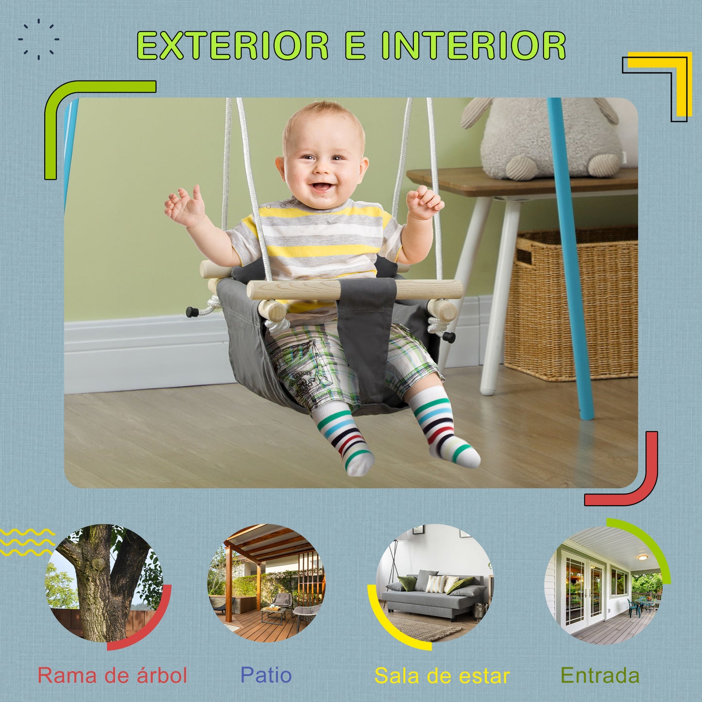 AIYAPLAY Columpio para Bebés de 9-36 Meses con Cuerdas Ajustables Columpio Infantil con Asiento Acolchado Carga 70 kg para Interiores y Exteriores 40x40x110-180 cm Gris Oscuro