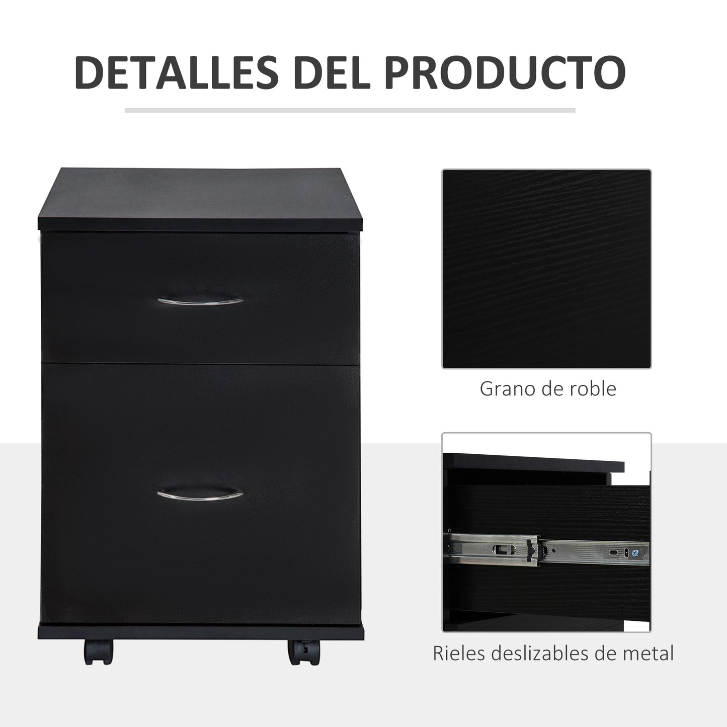 HOMCOM Cajonera de Oficina y Hogar tipo Archivador de Madera Móvil con Ruedas y 2 Cajones 41x39x58cm Negro