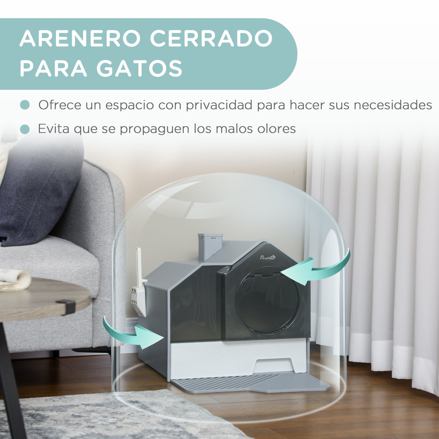 PawHut Arenero Cubierto para Gatos Caja de Arena Cerrada para Gatos con Bandeja Extraíble Pala Pedal Exterior y Filtro Desodorizante 47x45x42 cm Gris