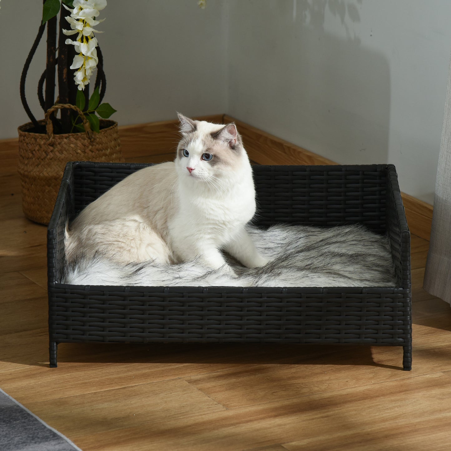 PawHut Sofá Cama para Perros de Ratán Cama Elevada Rectangular para Mascotas Gatos con Cojín Suave y Lavable para Hogar Interior 61x46x24,5 cm Negro