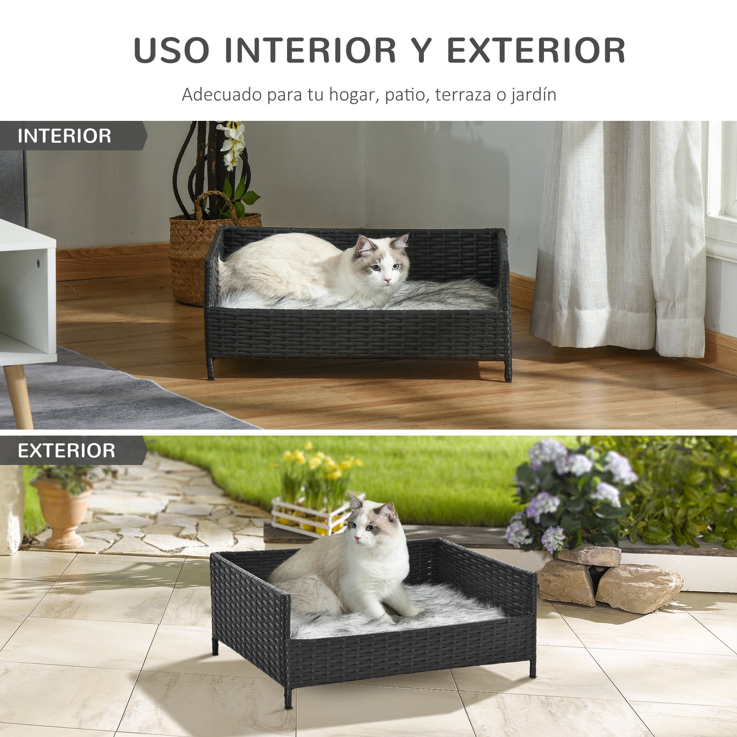 PawHut Sofá Cama para Perros de Ratán Cama Elevada Rectangular para Mascotas Gatos con Cojín Suave y Lavable para Hogar Interior 61x46x24,5 cm Negro