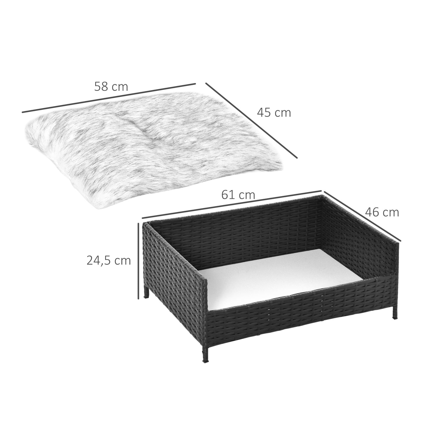 PawHut Sofá Cama para Perros de Ratán Cama Elevada Rectangular para Mascotas Gatos con Cojín Suave y Lavable para Hogar Interior 61x46x24,5 cm Negro