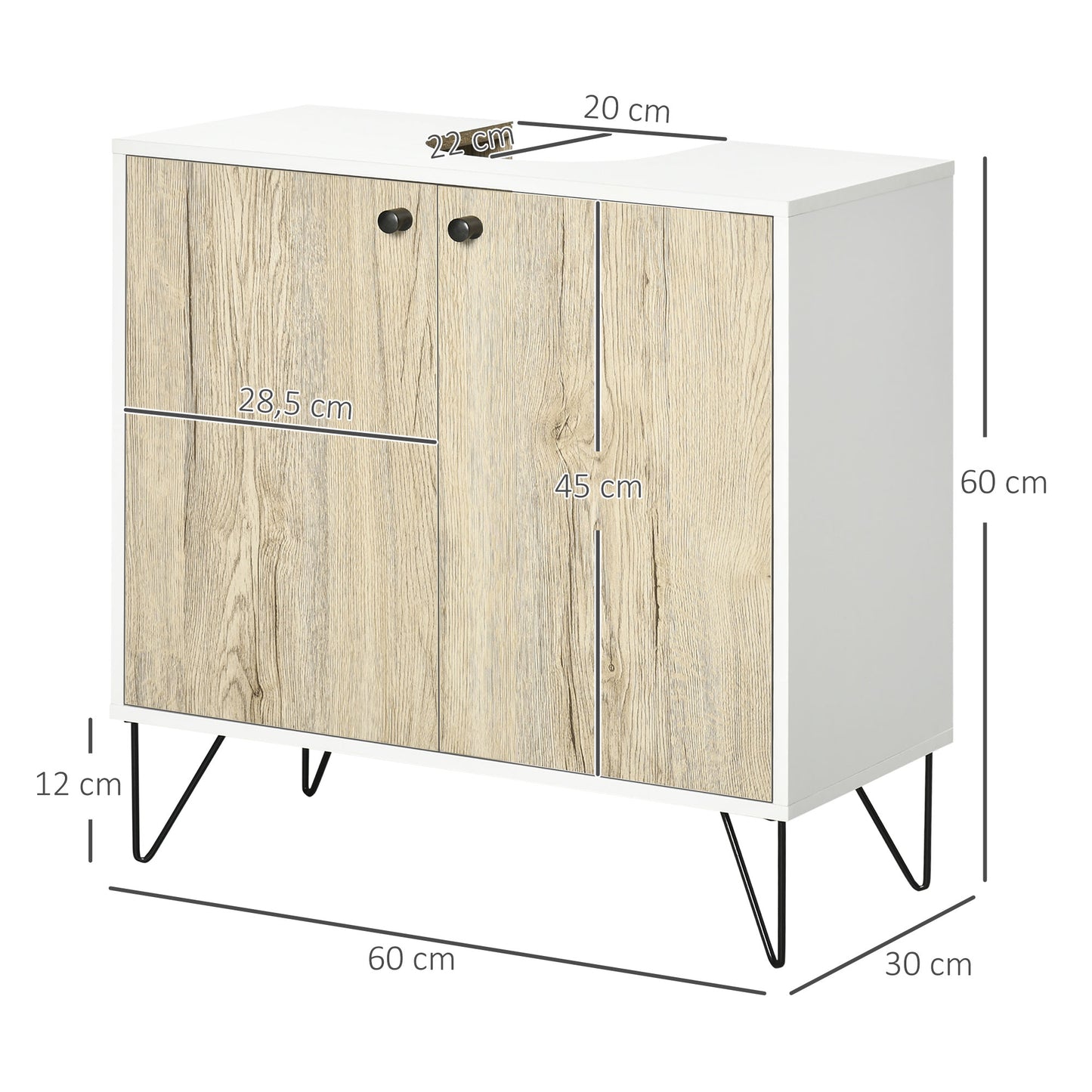 kleankin Mueble para Debajo del Lavabo de Madera Armario Bajo Lavabo Armario de Baño de Suelo con 2 Puertas Estante y Patas de Acero 60x30x60 cm Roble y Blanco