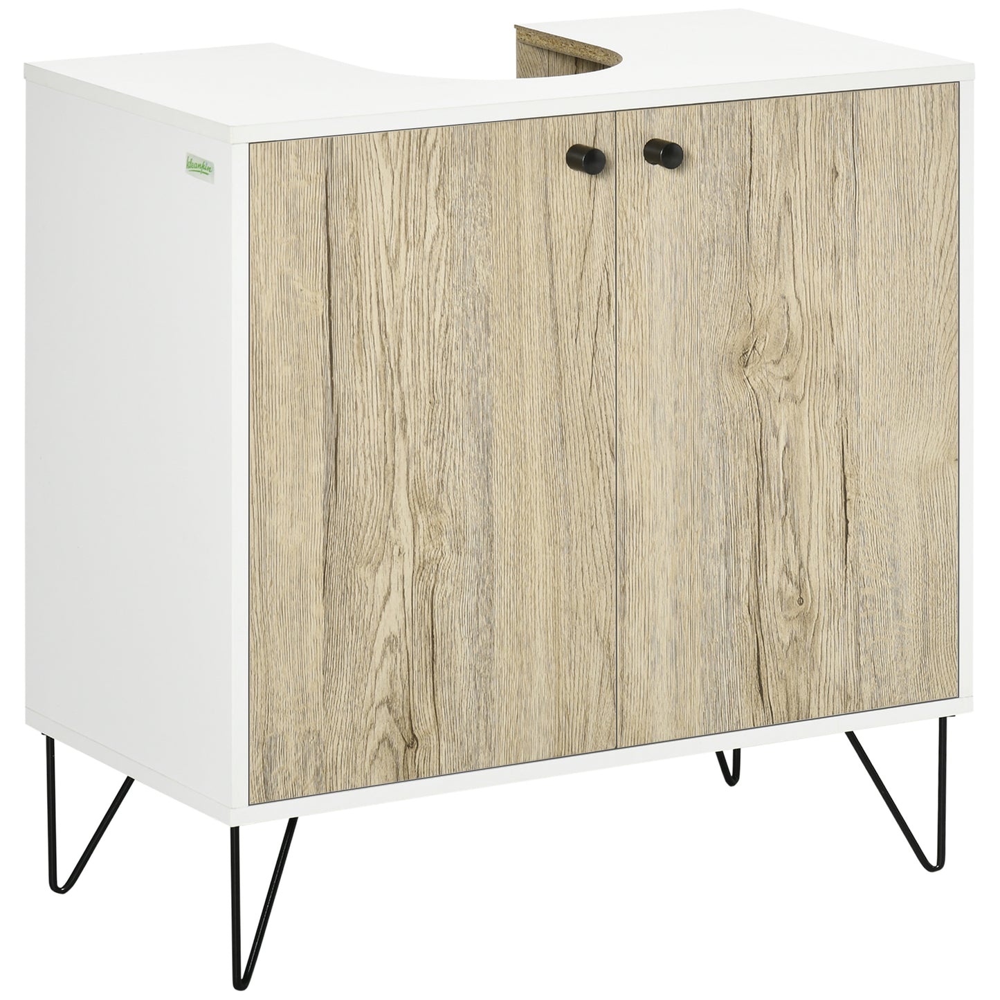 kleankin Mueble para Debajo del Lavabo de Madera Armario Bajo Lavabo Armario de Baño de Suelo con 2 Puertas Estante y Patas de Acero 60x30x60 cm Roble y Blanco