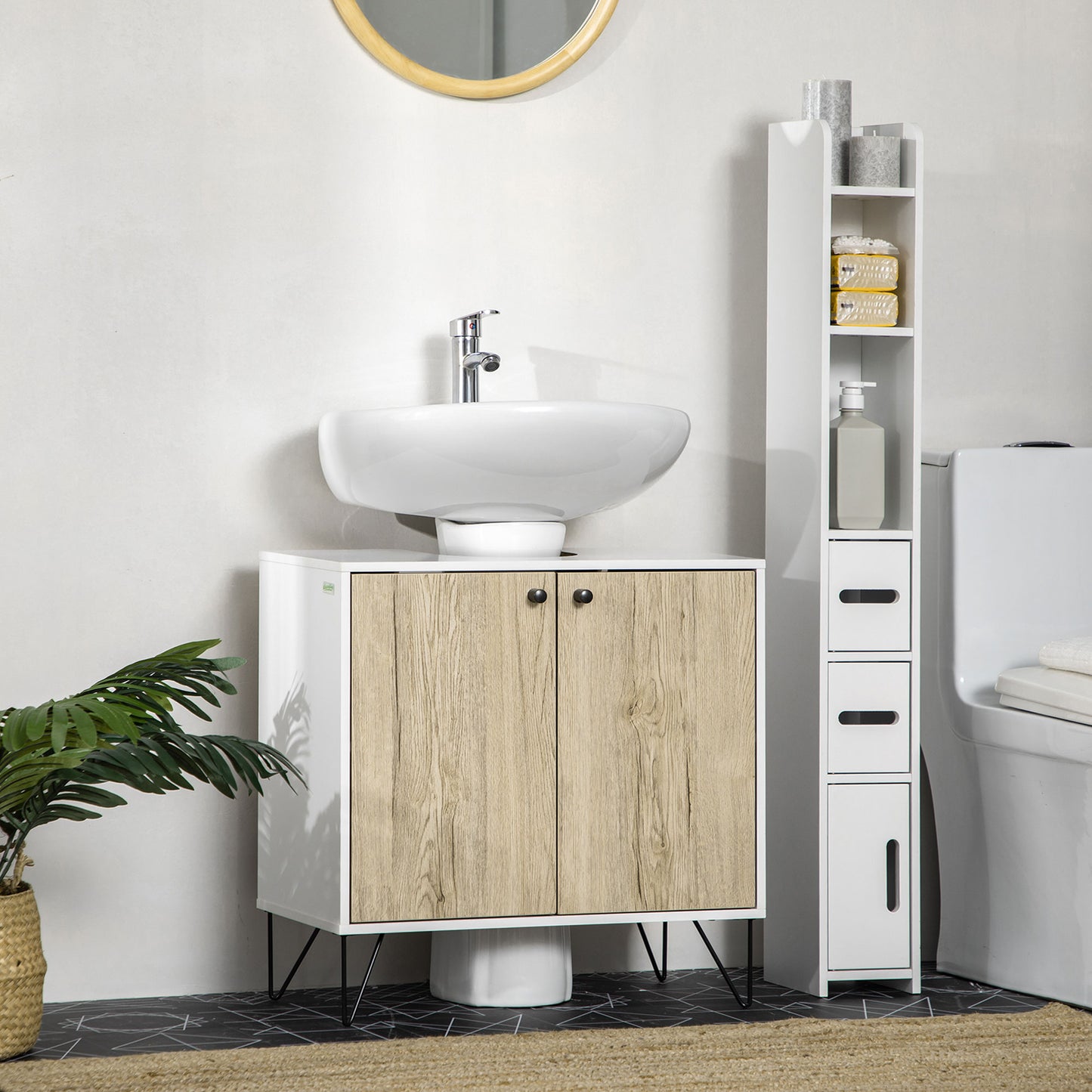 kleankin Mueble para Debajo del Lavabo de Madera Armario Bajo Lavabo Armario de Baño de Suelo con 2 Puertas Estante y Patas de Acero 60x30x60 cm Roble y Blanco