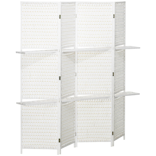 HOMCOM Biombo Divisor de 4 Paneles Plegable Separador de Ambientes 181x180 cm Divisor de Habitación con Estantes Decoración Partición para Dormitorio Salón Cocina Blanco