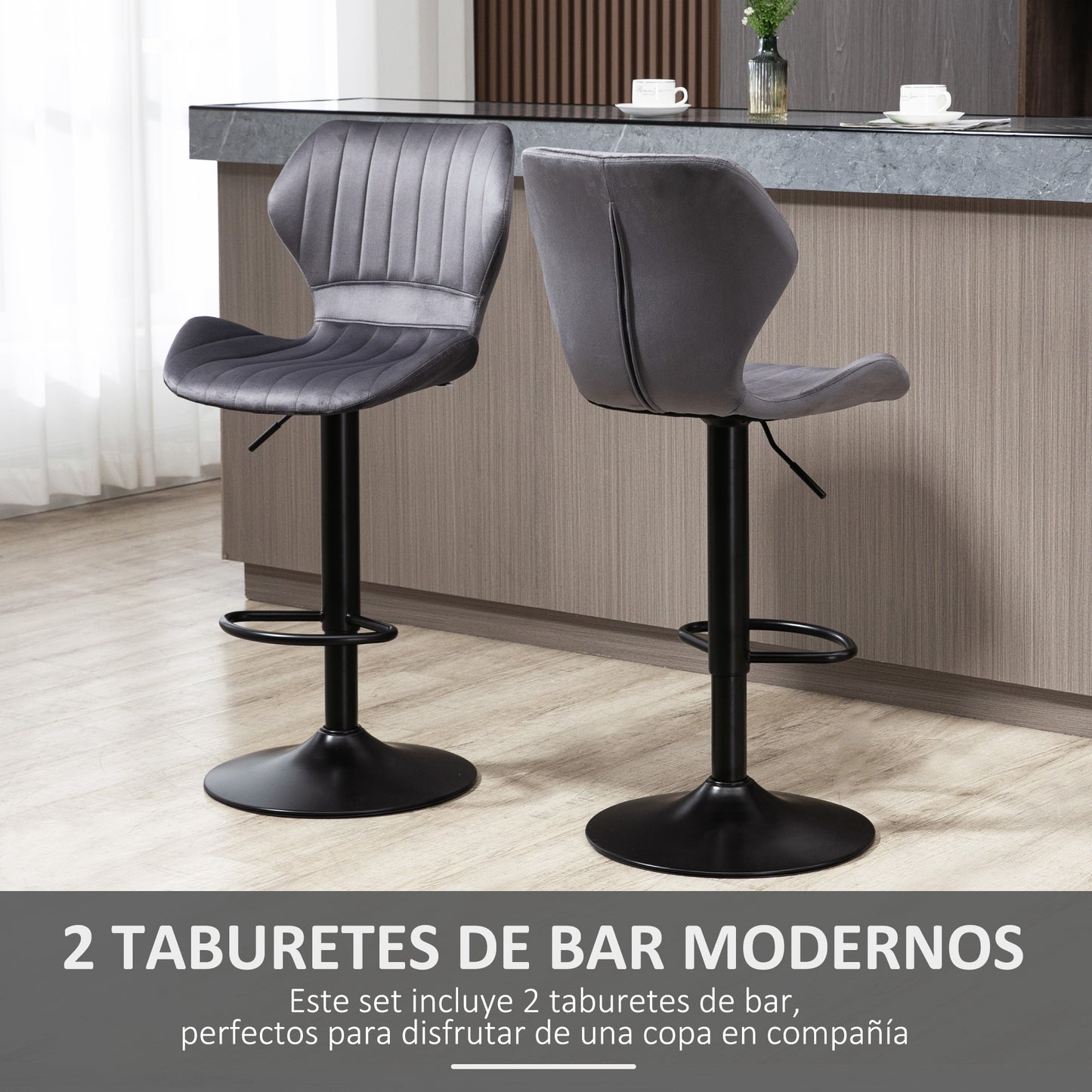 HOMCOM Juego de 2 Taburetes Altos de Cocina y Giratorio Taburetes Altos de Terciopelo con Respaldo y Estructura de Metal 47x51,5x92-114cm Gris