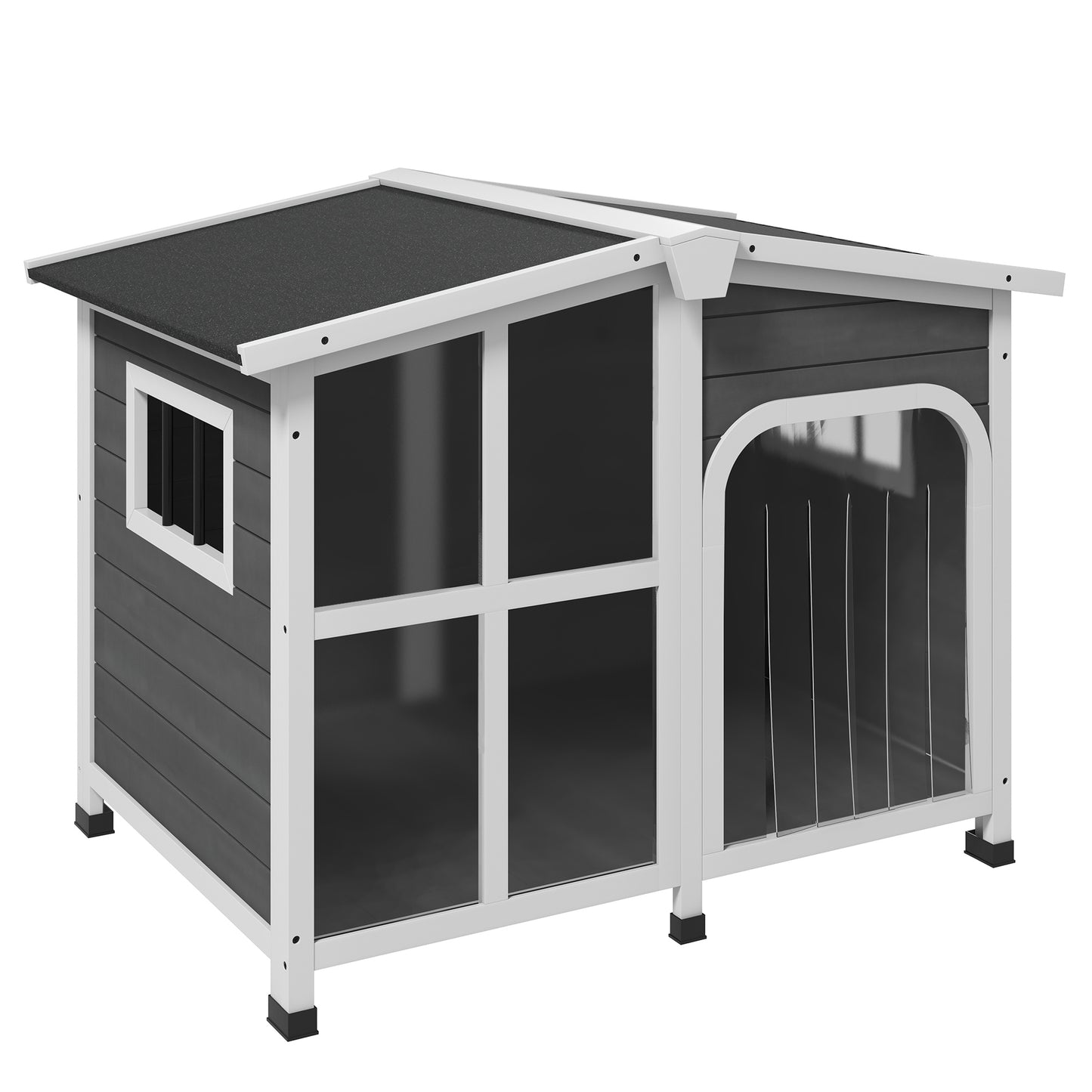 PawHut Caseta para Perros de Exterior Casa para Perros de Madera con Techo Abatible Frontal de Acrílico Puerta con Cortina y Fondo Extraíble para Interior y Exterior 101x66,5x70,5 cm Gris