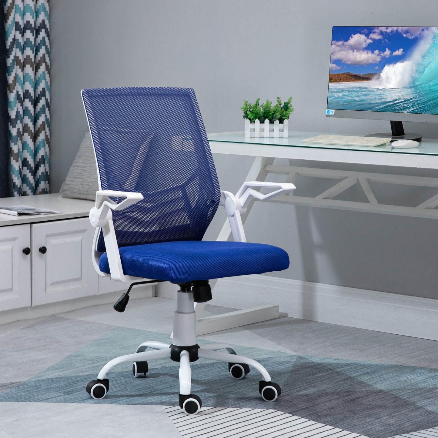 Vinsetto Silla de Oficina Ergonómica Silla Escritorio Giratoria con Altura Ajustable Reposabrazos Abatible Soporte Lumbar Transpirable para Adolescentes Adultos 62,5x55x94-104 cm Azul