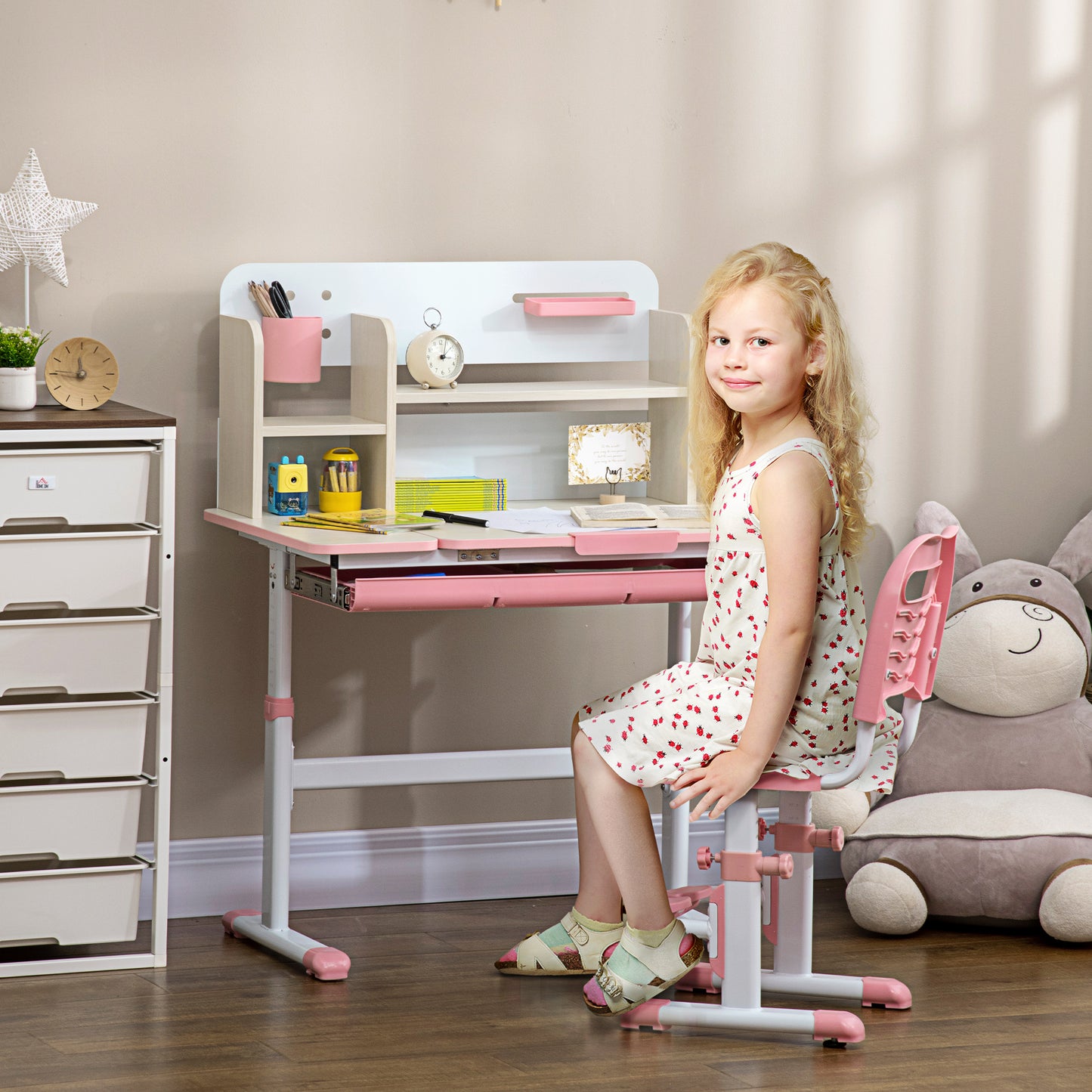 HOMCOM Juego de Escritorio y Silla para Niños de +3 Años con Altura Ajustable Pupitre Infantil con Tablero de Mesa Inclinable Cajón y Estantería para libros 80x52x88-109 cm y 35,5x44,5x66-80 cm Rosa