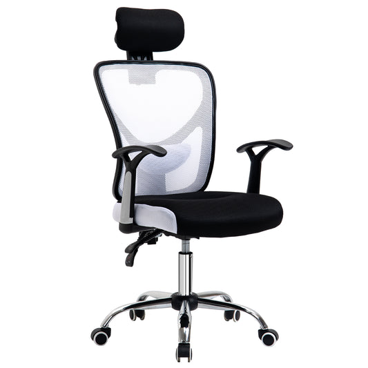 Vinsetto Silla de Oficina Ergonómica Silla Escritorio Giratoria con Altura Ajustable Función Reclinable Reposacabezas Regulable y Soporte Lumbar 62x67x108-118 cm Blanco