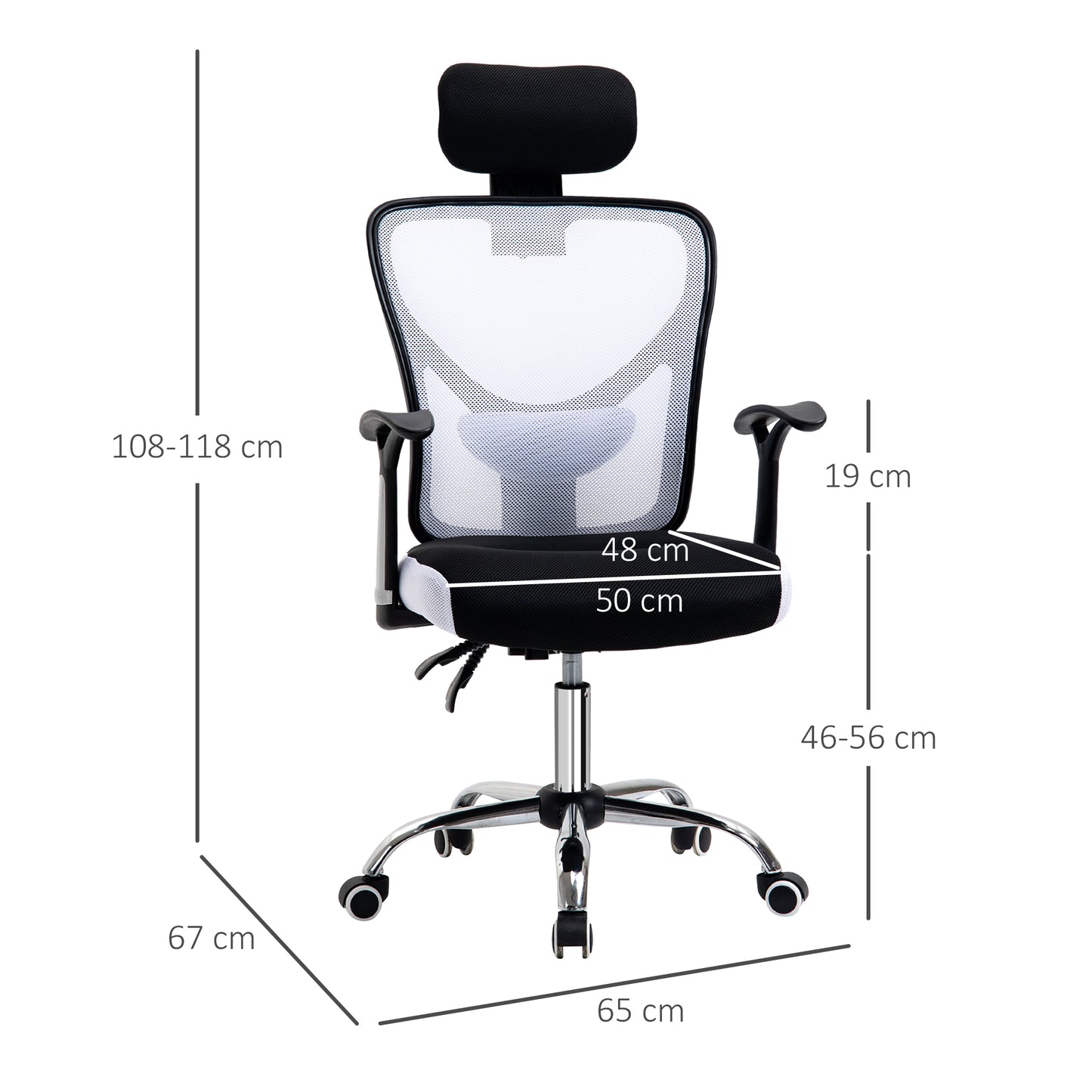 Vinsetto Silla de Oficina Ergonómica Silla Escritorio Giratoria con Altura Ajustable Función Reclinable Reposacabezas Regulable y Soporte Lumbar 62x67x108-118 cm Blanco