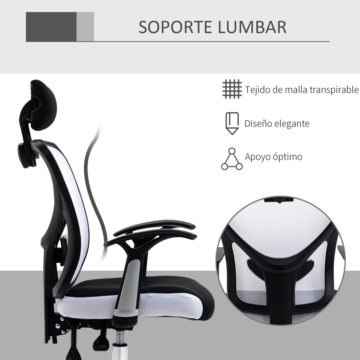 Vinsetto Silla de Oficina Ergonómica Silla Escritorio Giratoria con Altura Ajustable Función Reclinable Reposacabezas Regulable y Soporte Lumbar 62x67x108-118 cm Blanco