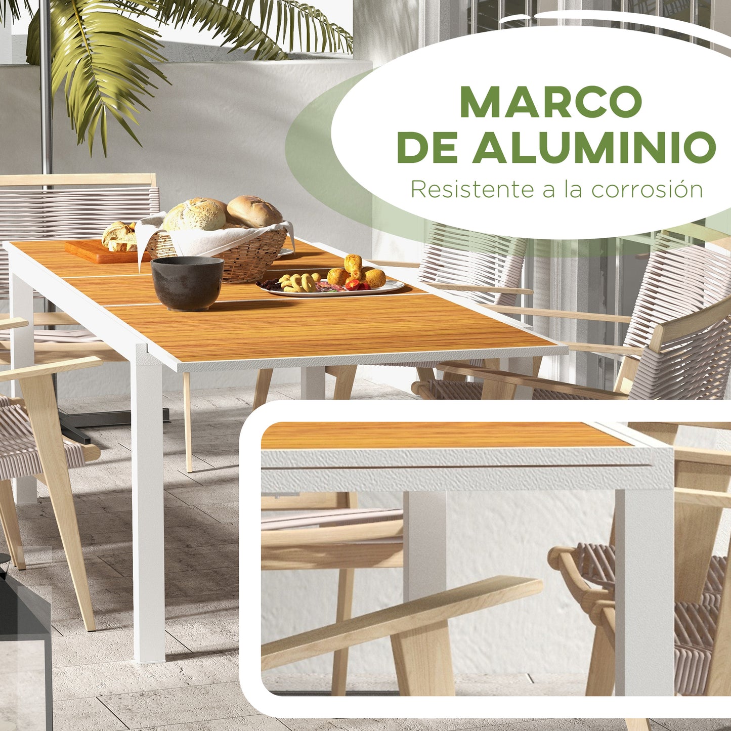 Outsunny Mesa de Jardín Extensible de Aluminio Mesa de Comedor Exterior Rectangular Mesa de Terraza para 6 Personas Efecto de Madera Carga 50 kg 180/240x94x73 cm Marrón