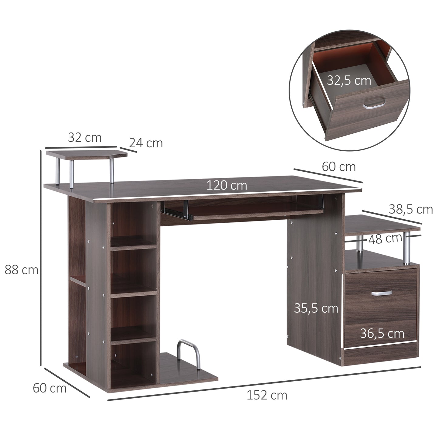 HOMCOM Mesa de Ordenador 120 cm Mesa de Escritorio con Múltiples Estantes Cajón Bandeja de Teclado Soportes para Monitor Impresora y CPU 152x60x88 cm Marrón