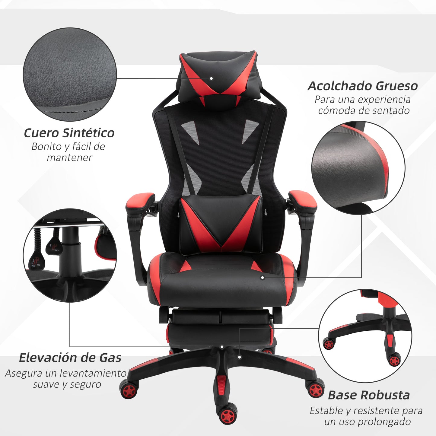 Vinsetto Silla Gaming Ergonómica Silla de Escritorio para Oficina con Altura Ajustable Respaldo Regulable de 170° Almohada Lumbar y Reposapiés Retráctil 65x70x117-125 cm Rojo