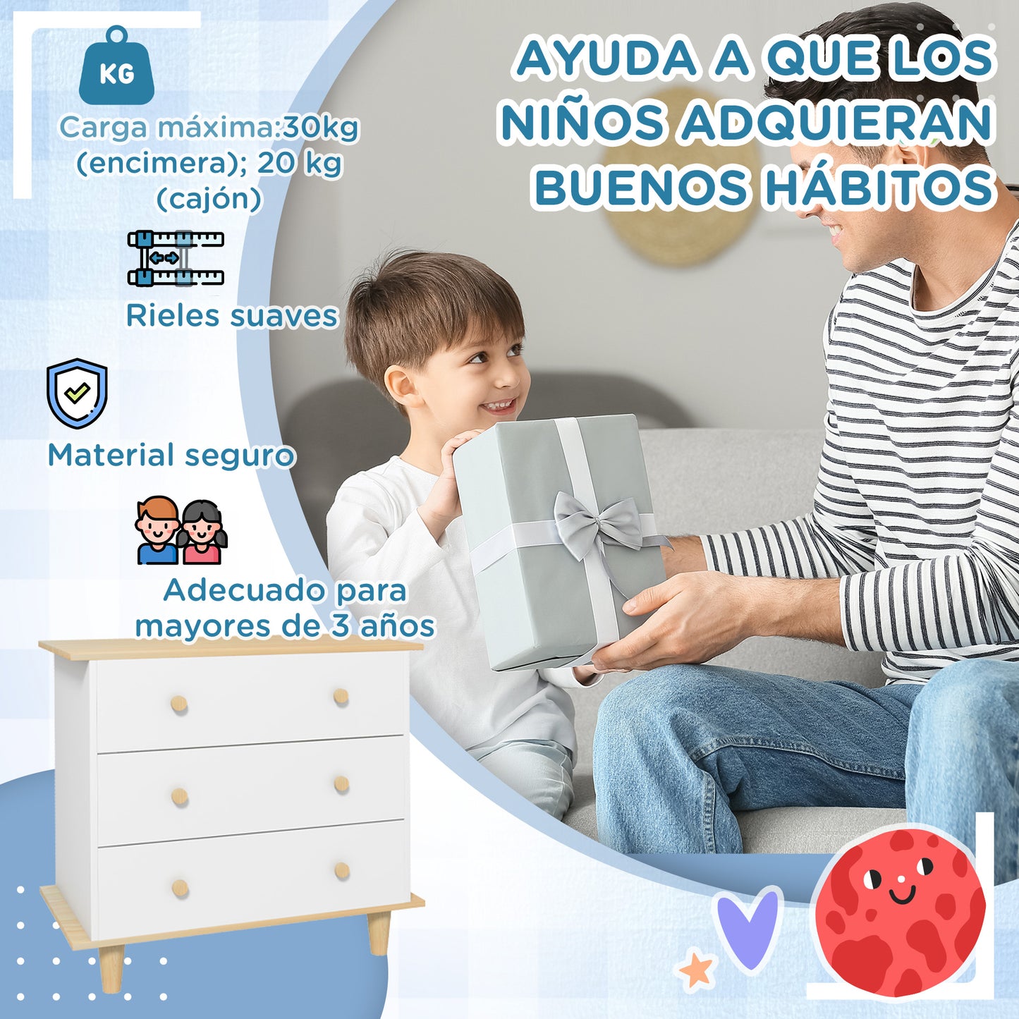 ZONEKIZ Cajonera Infantil +3 Años con 3 Cajones Cómoda Auxiliar con Patas de Madera Almacenaje de Juguetes Ropas Libros para Habitación de Niños 80x40x75 cm Blanco y Natural