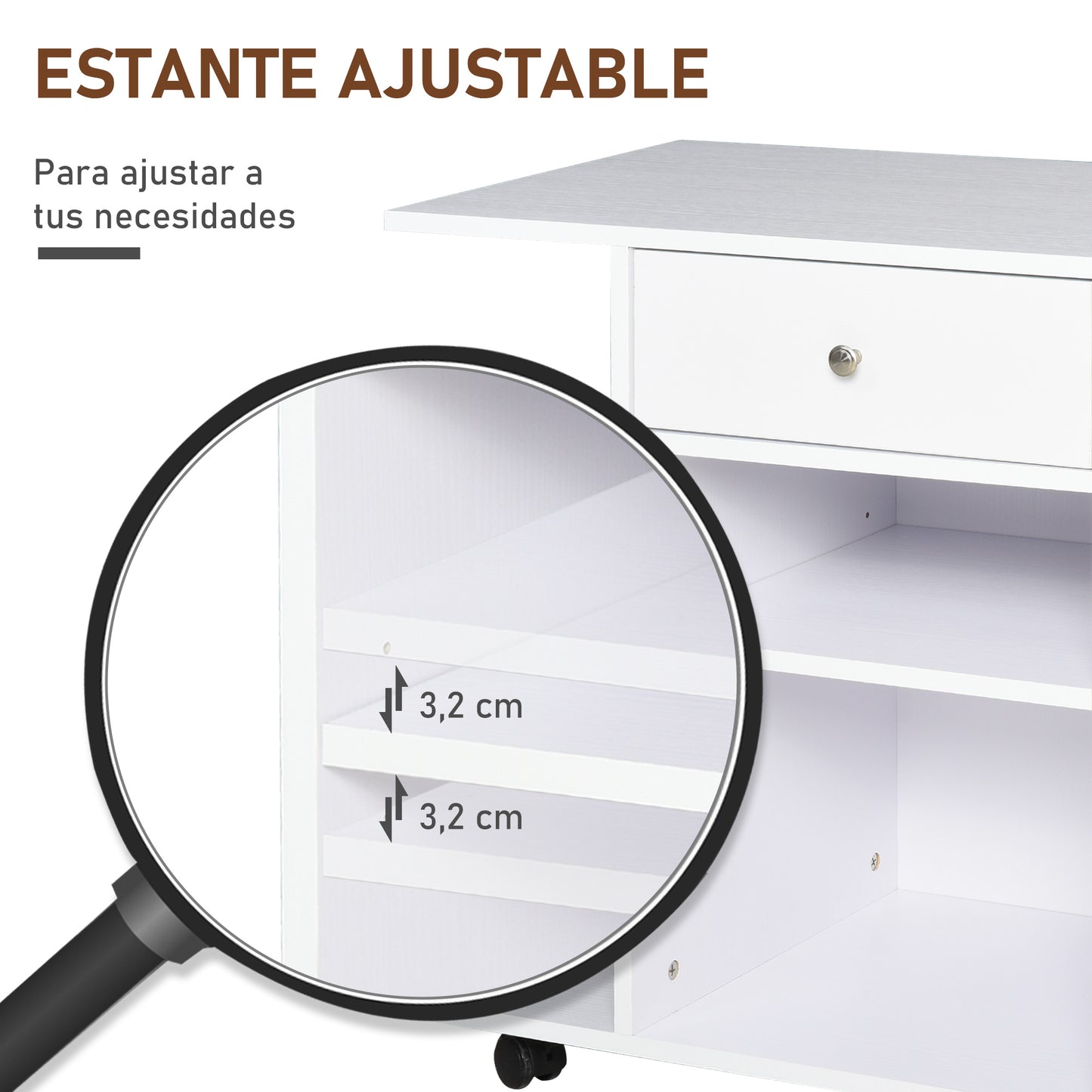 Vinsetto Armario para Impresora de Oficina Carro Multifuncional con Ruedas 2 Compartimentos Cajón y Soporte para CPU Estante Ajustable para Estudio 60x40x68,5 cm Blanco Veteado de Madera