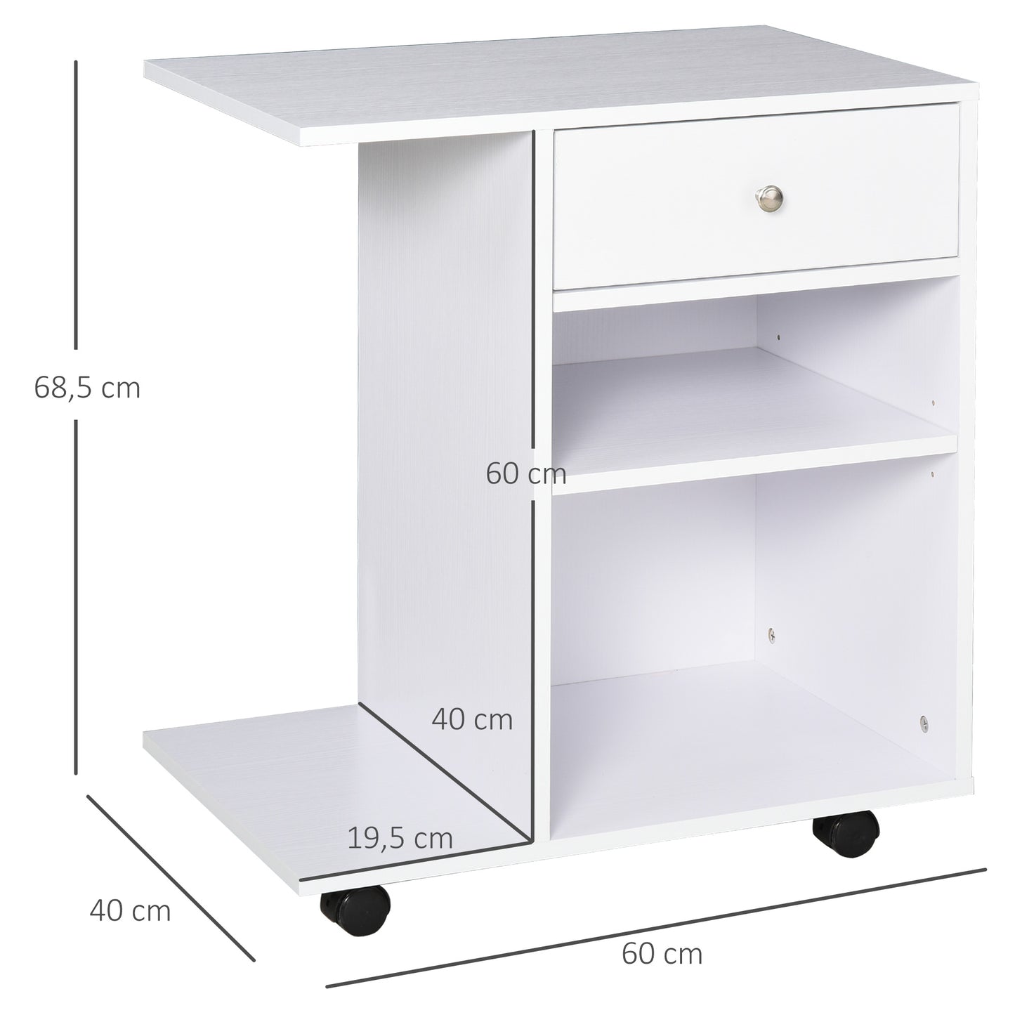 Vinsetto Armario para Impresora de Oficina Carro Multifuncional con Ruedas 2 Compartimentos Cajón y Soporte para CPU Estante Ajustable para Estudio 60x40x68,5 cm Blanco Veteado de Madera