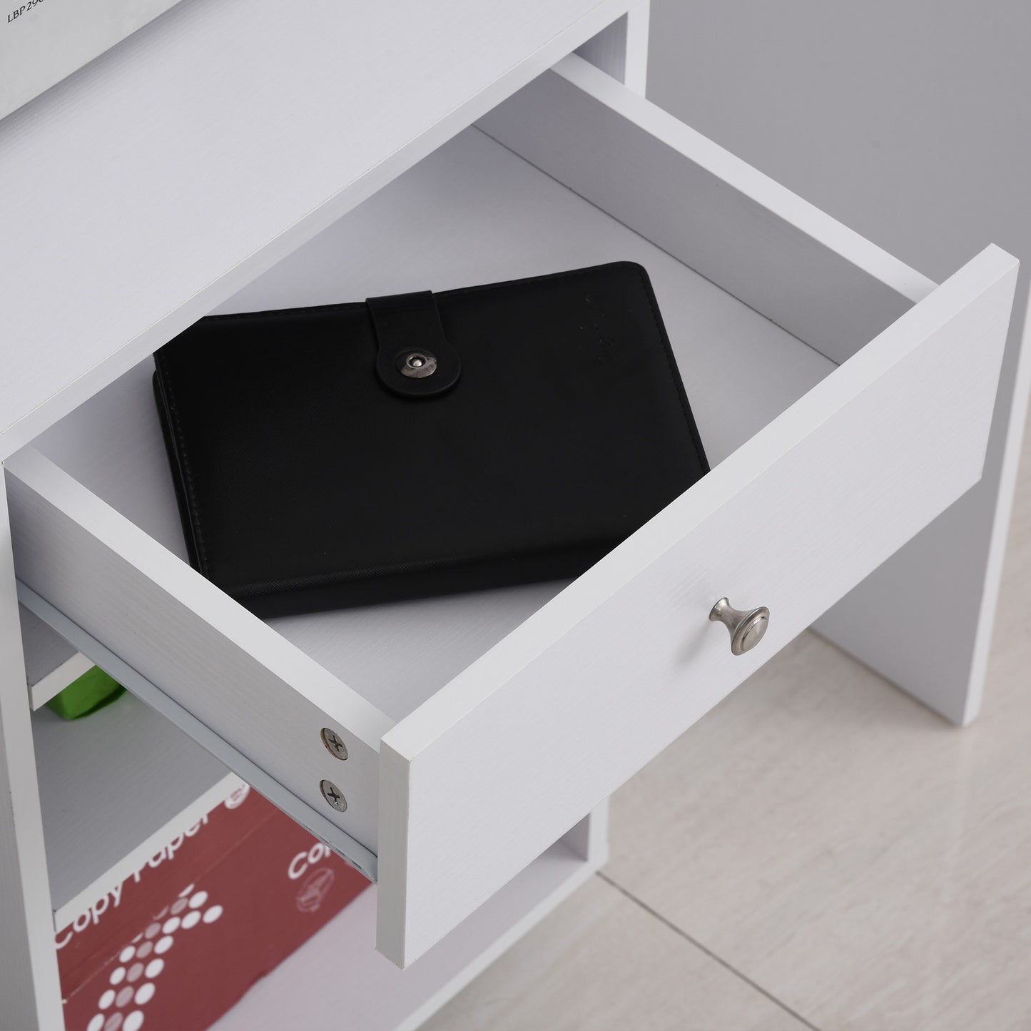 Vinsetto Armario para Impresora de Oficina Carro Multifuncional con Ruedas 2 Compartimentos Cajón y Soporte para CPU Estante Ajustable para Estudio 60x40x68,5 cm Blanco Veteado de Madera