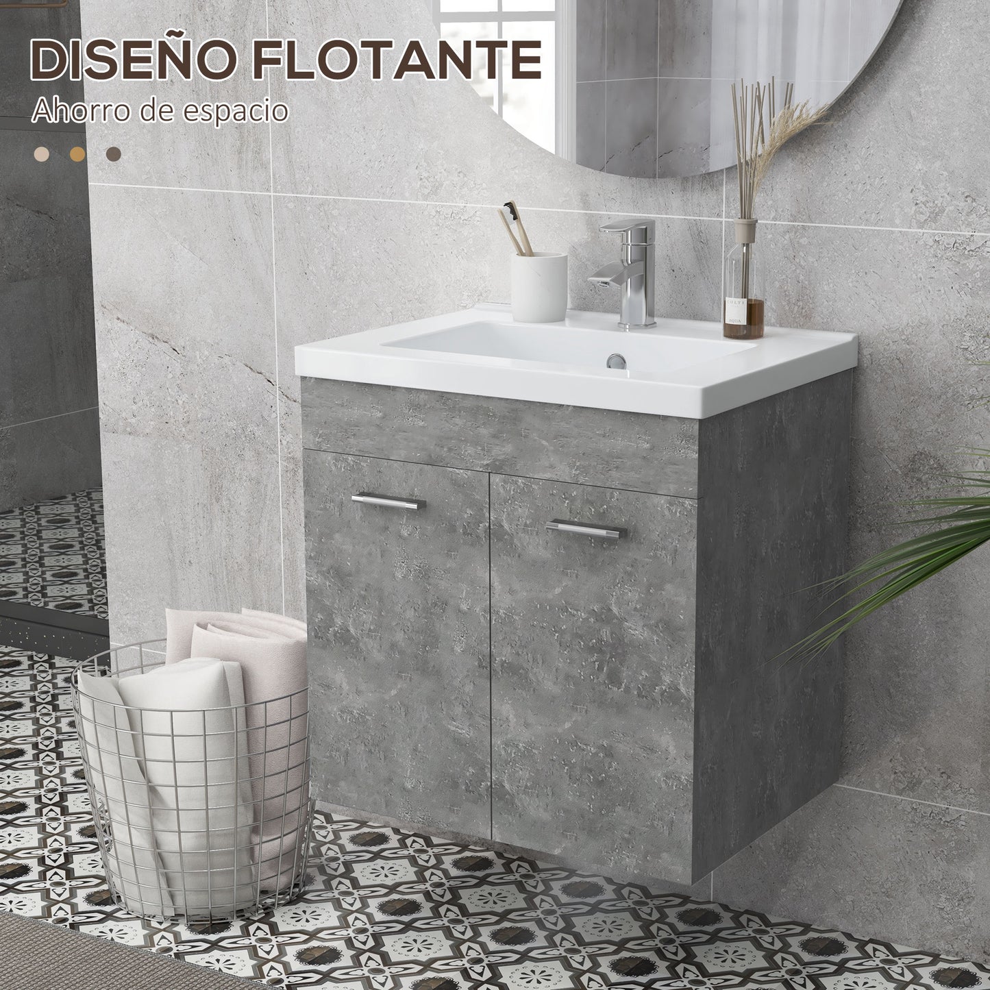 kleankin Mueble de Baño con Lavabo Cerámico Armario Bajo de Lavabo de Pared con 2 Puertas y Estante Ajustable Acabado Melamina 60x45,5x60 cm Gris